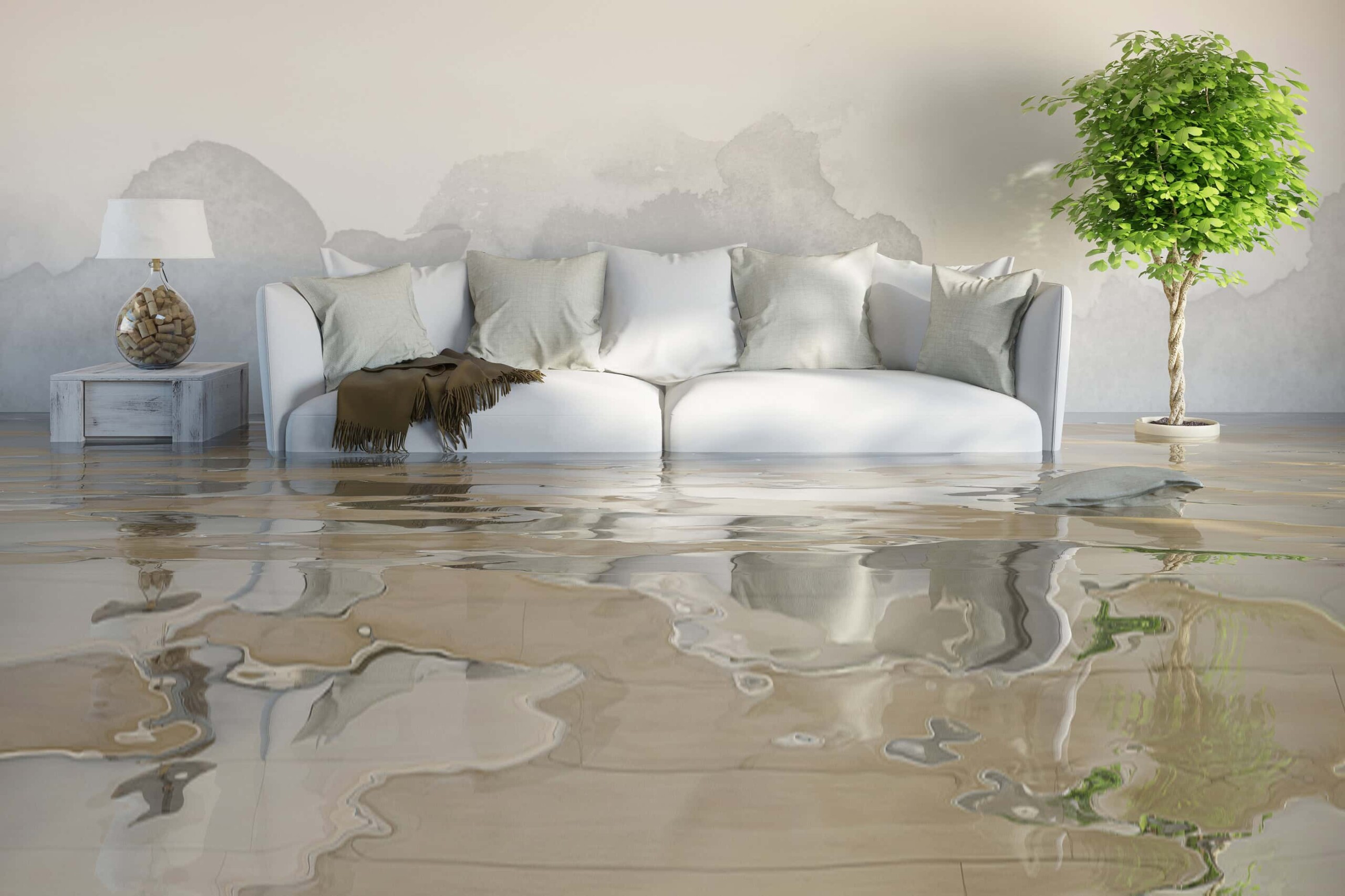 Flooded living room with water covering wooden floor, sofa, and side table, creating a flood disaster scene in residential interior.