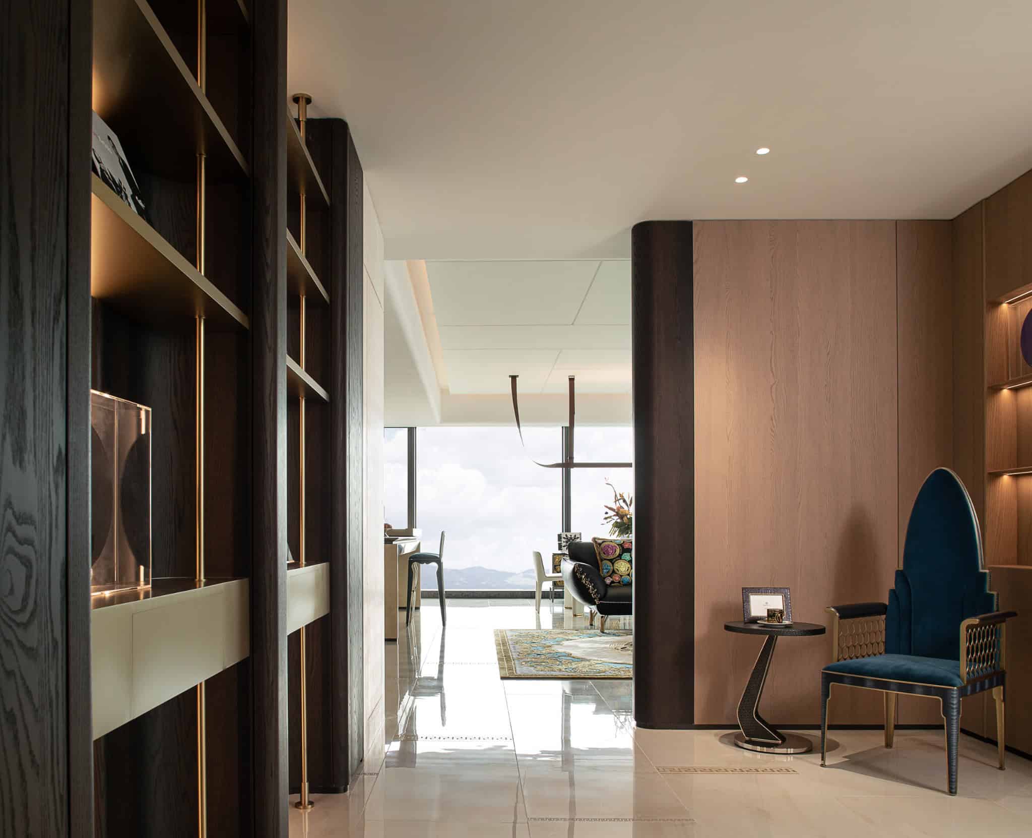 Azure Heights hallway seating shelves view by BDSD Boundless Design, Shenzhen, China