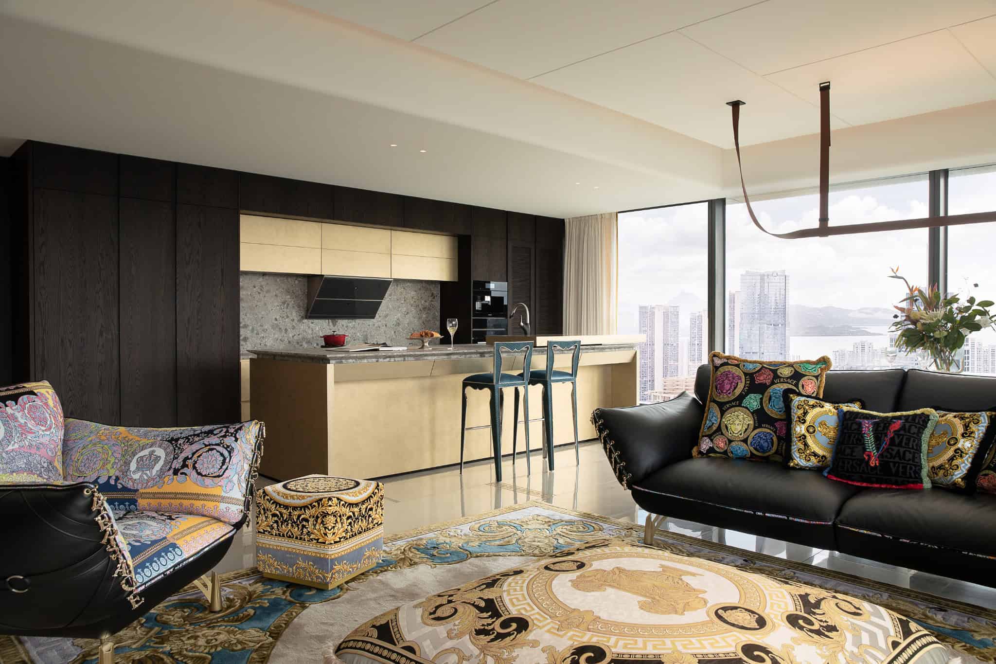 Azure Heights kitchen island and living area by BDSD Boundless Design, Shenzhen, China