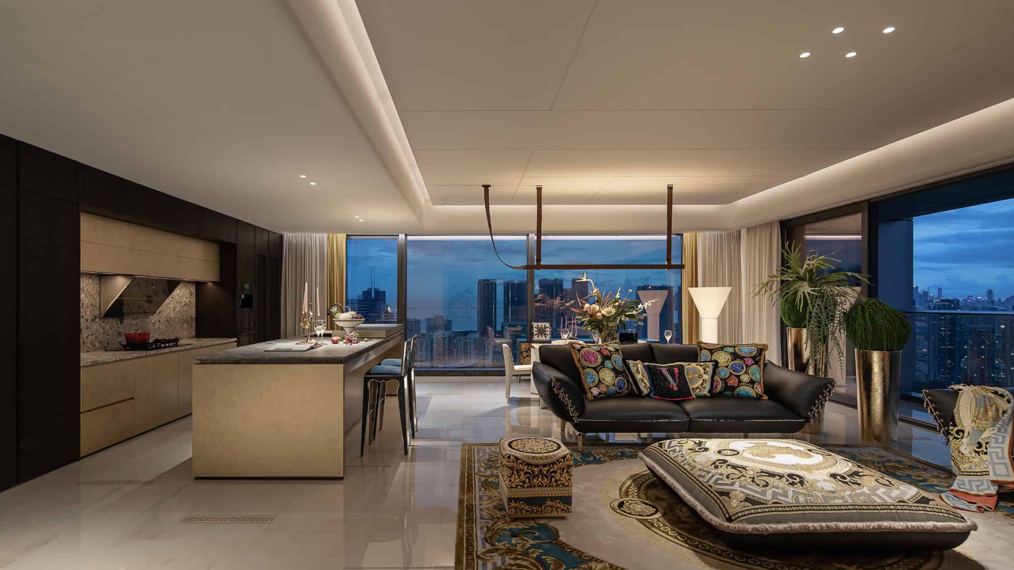 Azure Heights kitchen island living view by BDSD Boundless Design, Shenzhen, China