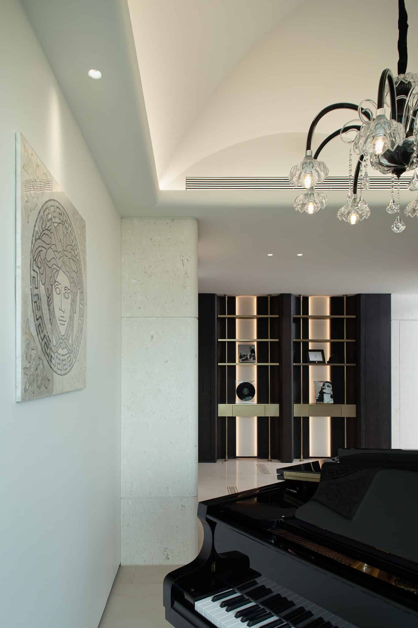 Azure Heights piano room shelves and chandelier by BDSD Boundless Design, Shenzhen, China