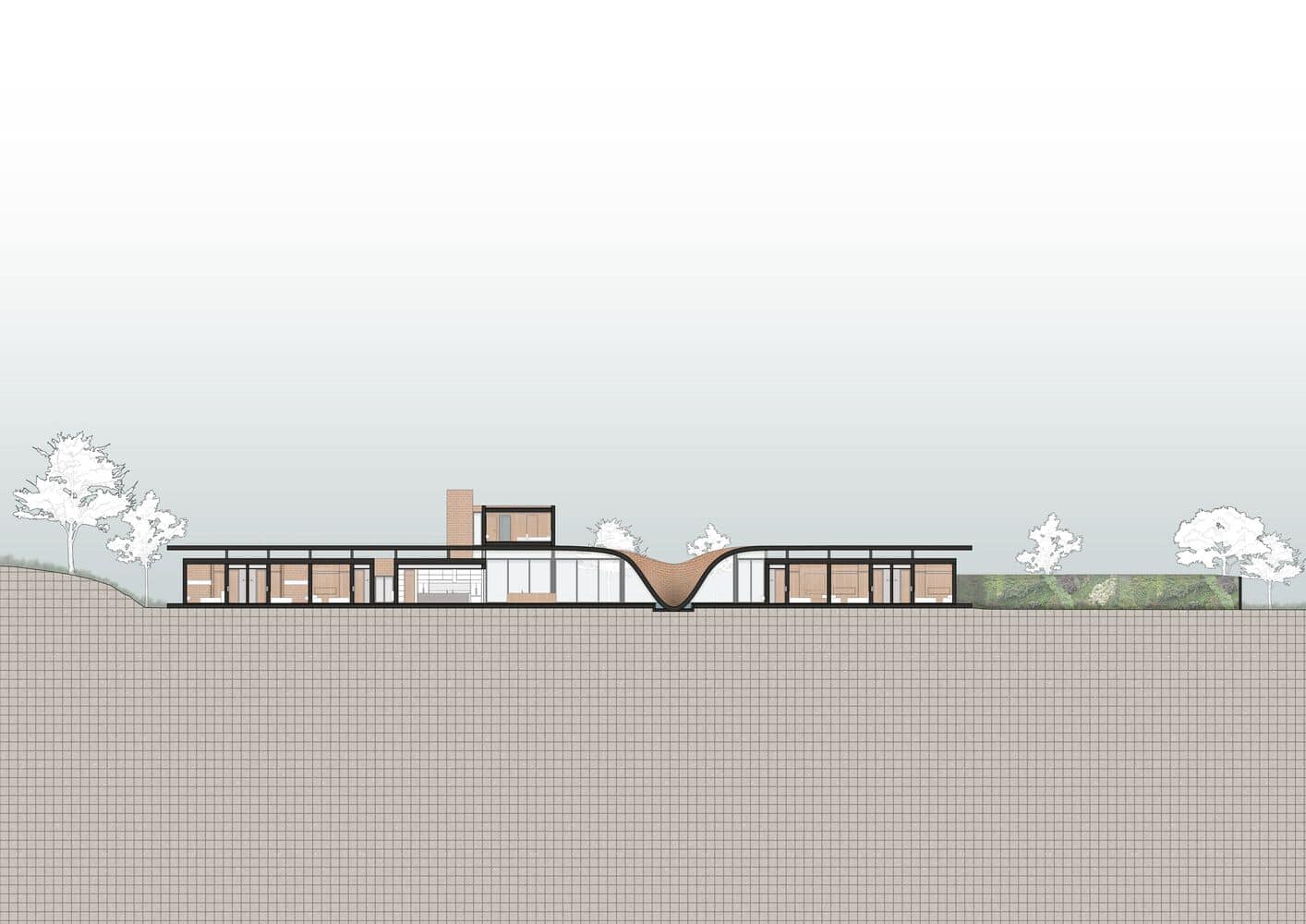 Contemporary house architectural elevation with curved roof and extensive glass windows, surrounded by greenery, detailed in modern architectural style.