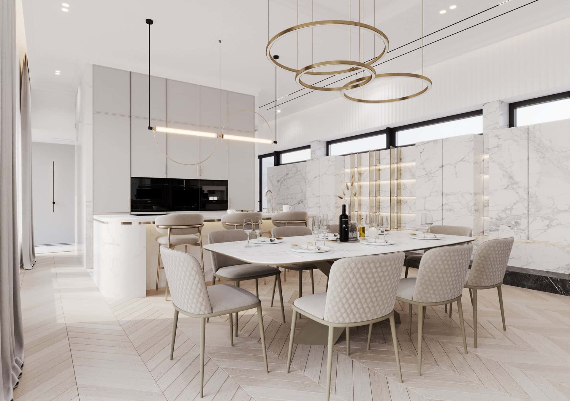Contemporary minimalist dining room with marble accents, modern chandelier, and natural light, showcasing sleek interior design and elegant furniture, perfect for luxury home decor.