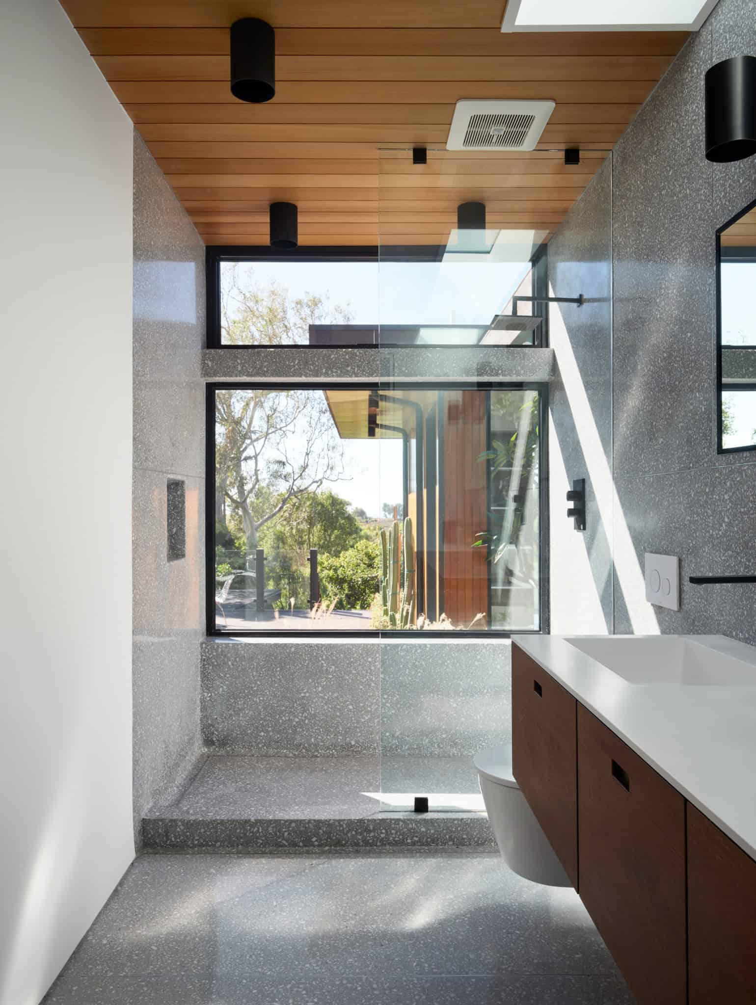 Malibu Glass Box House by Klopf Architecture – bathroom terrazzo shower window, Malibu, California