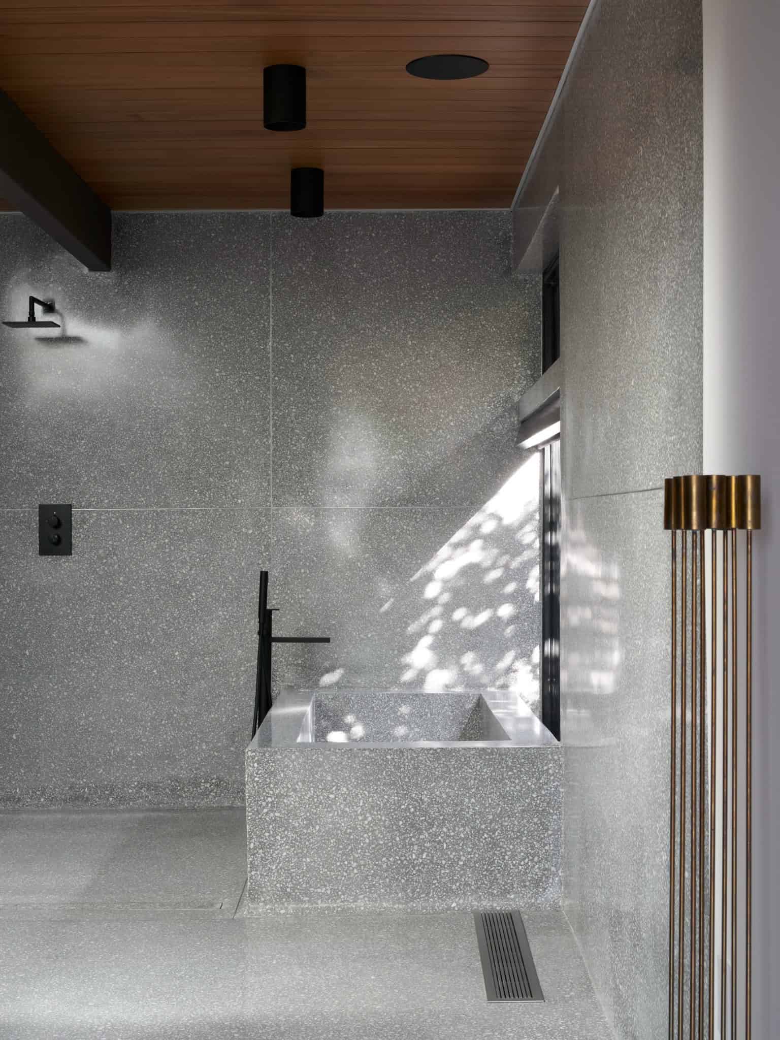Malibu Glass Box House by Klopf Architecture – bathroom terrazzo tub shower, Malibu, California
