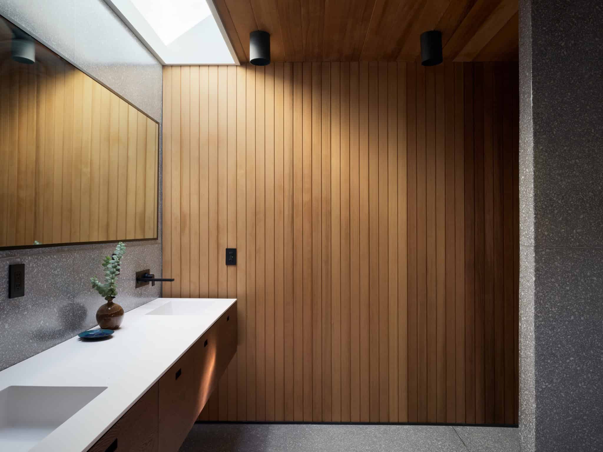 Malibu Glass Box House by Klopf Architecture – bathroom vanity cedar wall, Malibu, California