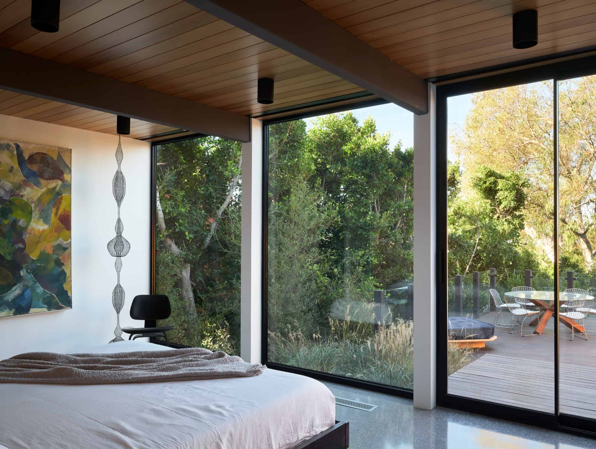 Malibu Glass Box House by Klopf Architecture – bedroom deck glass corner, Malibu, California