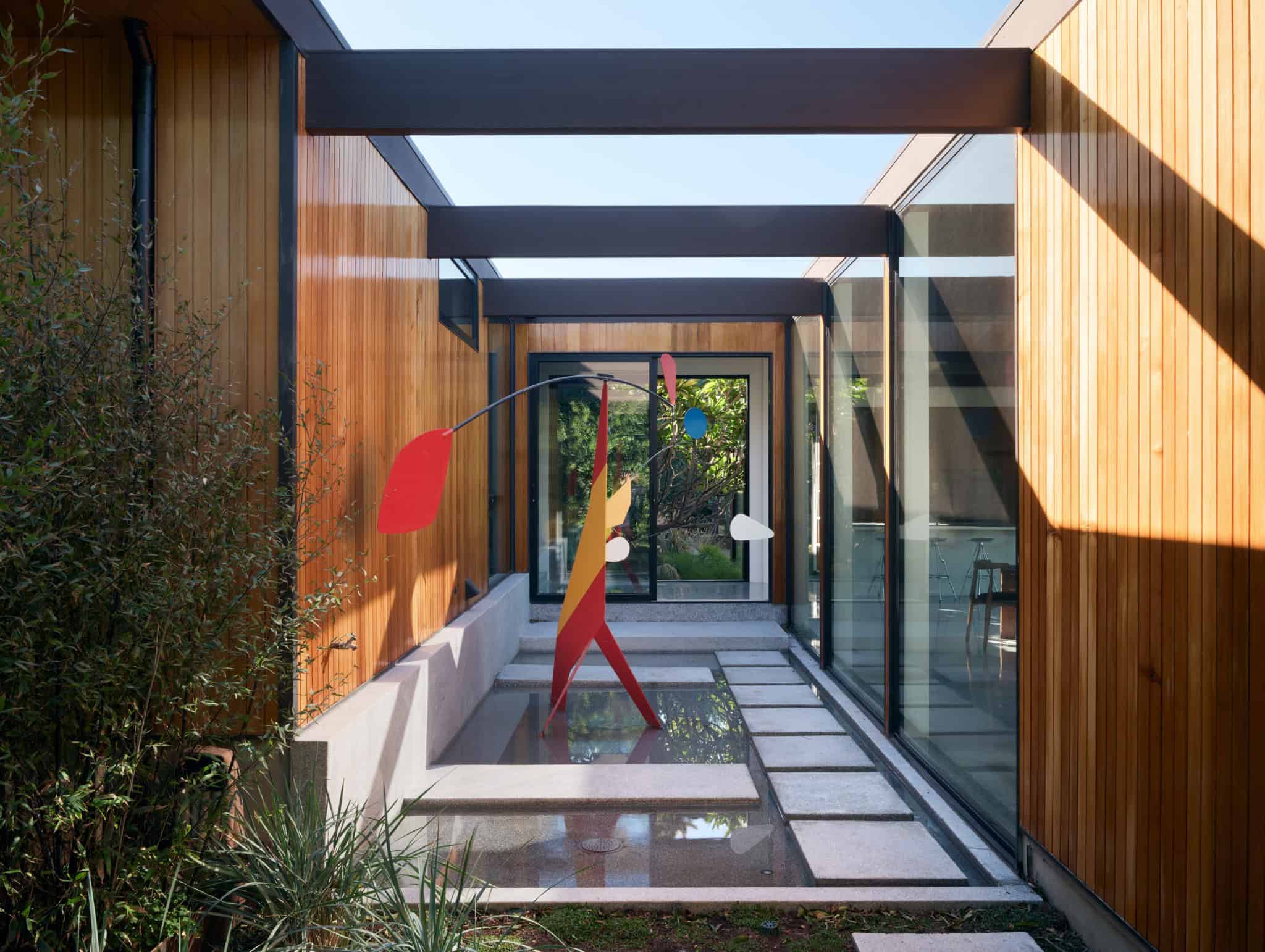 Malibu Glass Box House by Klopf Architecture – courtyard sculpture reflecting pool, Malibu, California