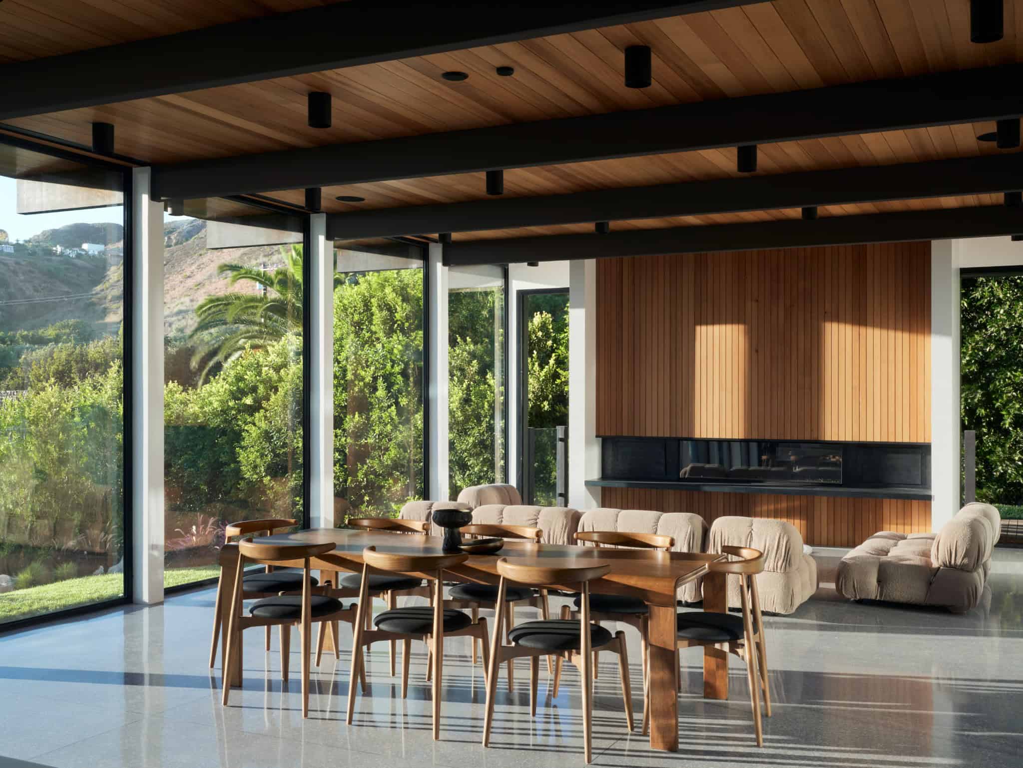 Malibu Glass Box House by Klopf Architecture – dining living fireplace, Malibu, California