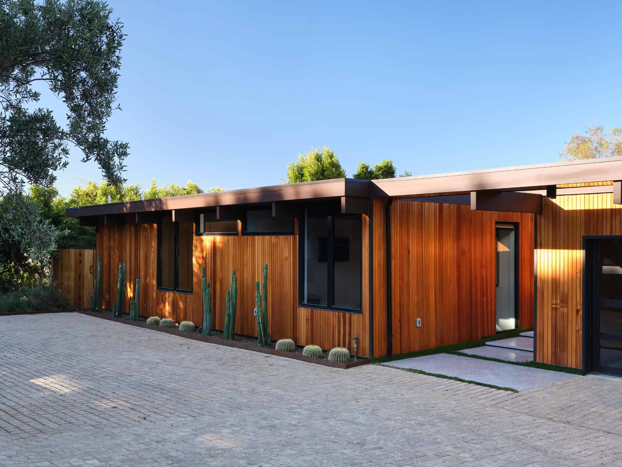 Malibu Glass Box House by Klopf Architecture – entry driveway with cactus, Malibu, California