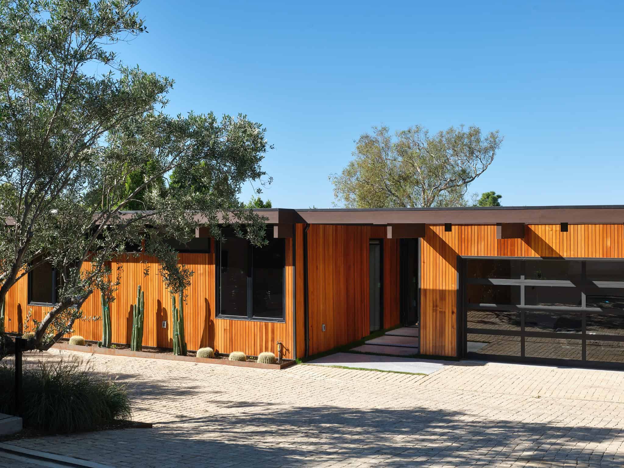 Malibu Glass Box House by Klopf Architecture – front facade with olive tree, Malibu, California