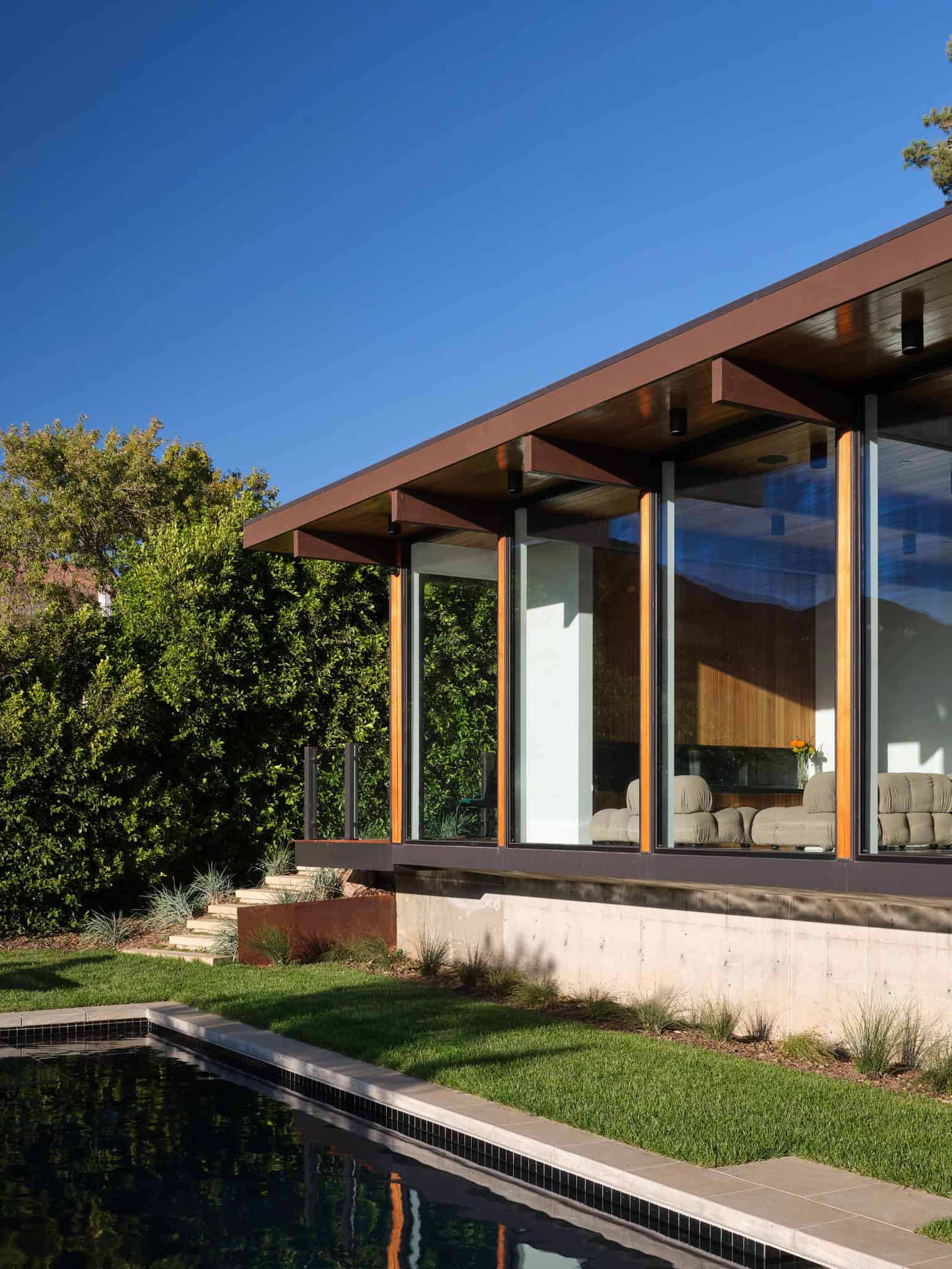 Malibu Glass Box House by Klopf Architecture – pool facade corner, Malibu, California