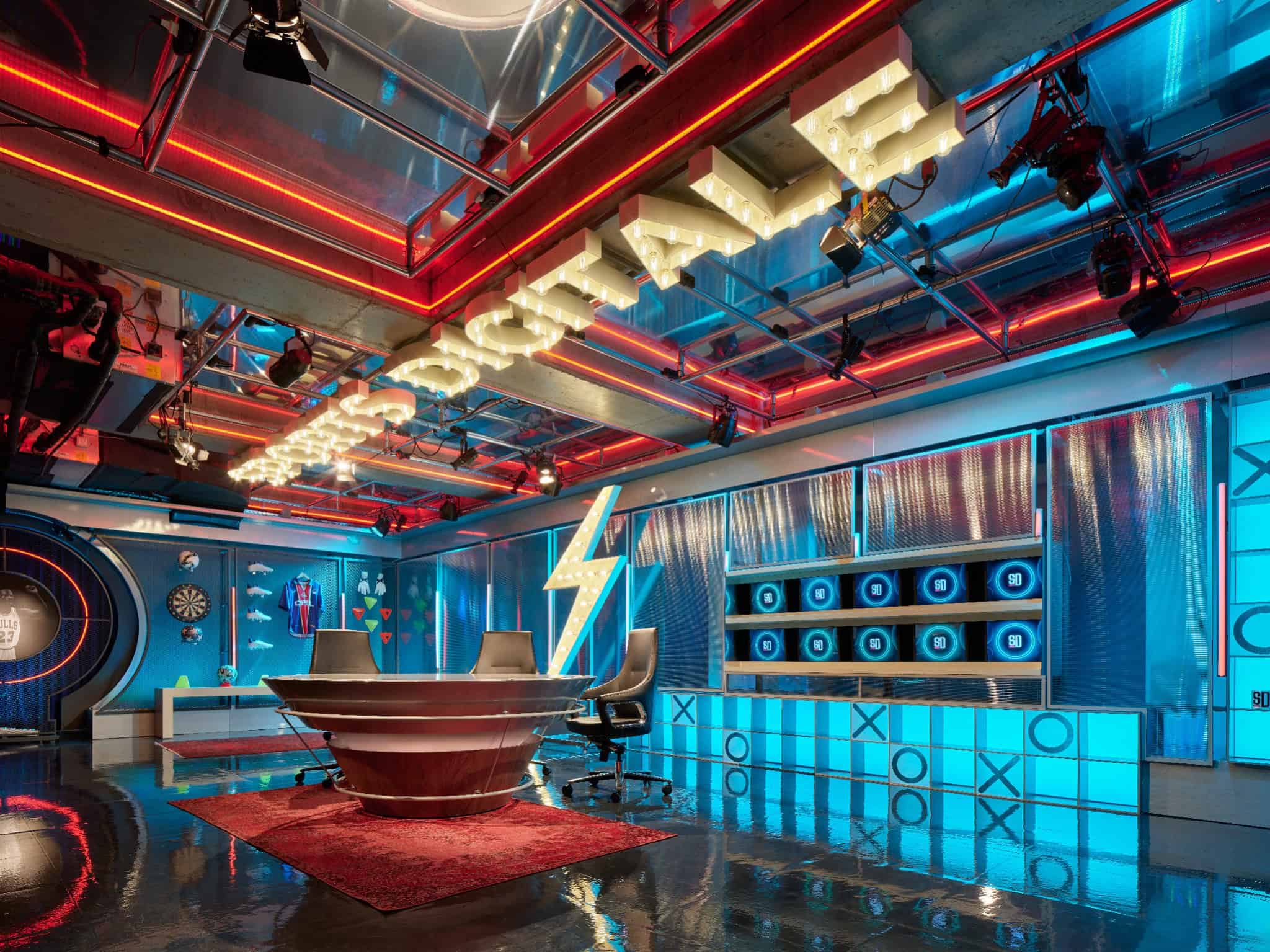 Sports Digitale YouTube Studio by BAB Architects, Istanbul – ceiling signage overview