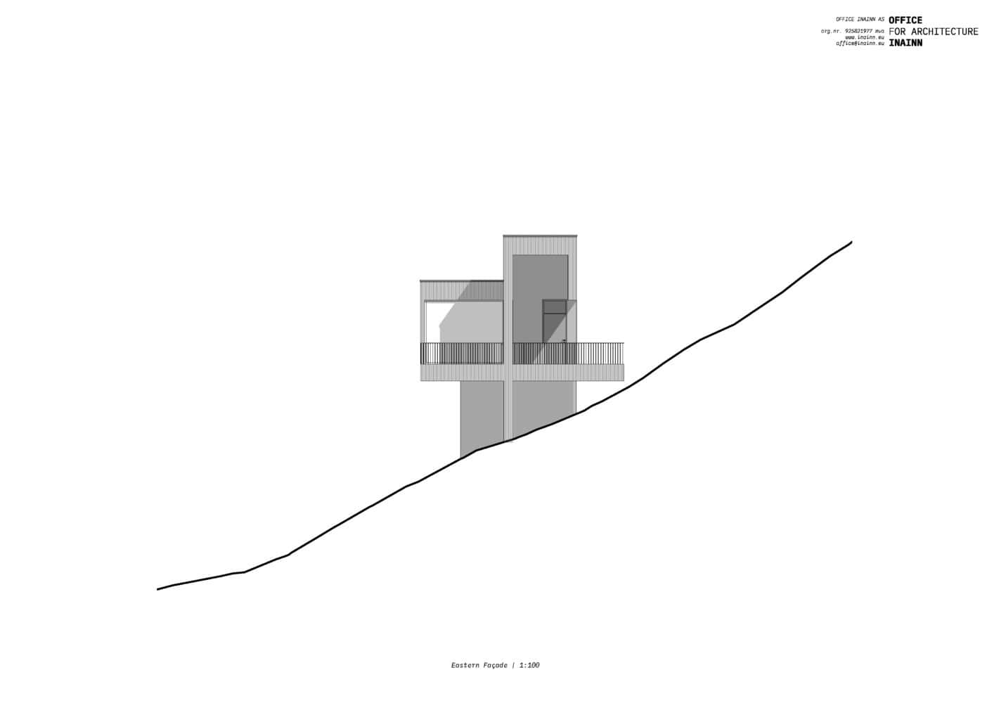 18-07 Holiday Home Eastern Facade by OFFICE INAINN Eastern facade elevation of 18-07 Holiday Home by OFFICE INAINN following site slope