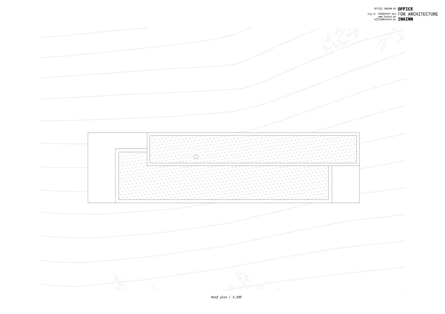 18-07 Holiday Home Roof Plan by OFFICE INAINN Modern minimalist roof plan for contemporary architecture project, showcasing sleek design and structural layout with precise topographical details.