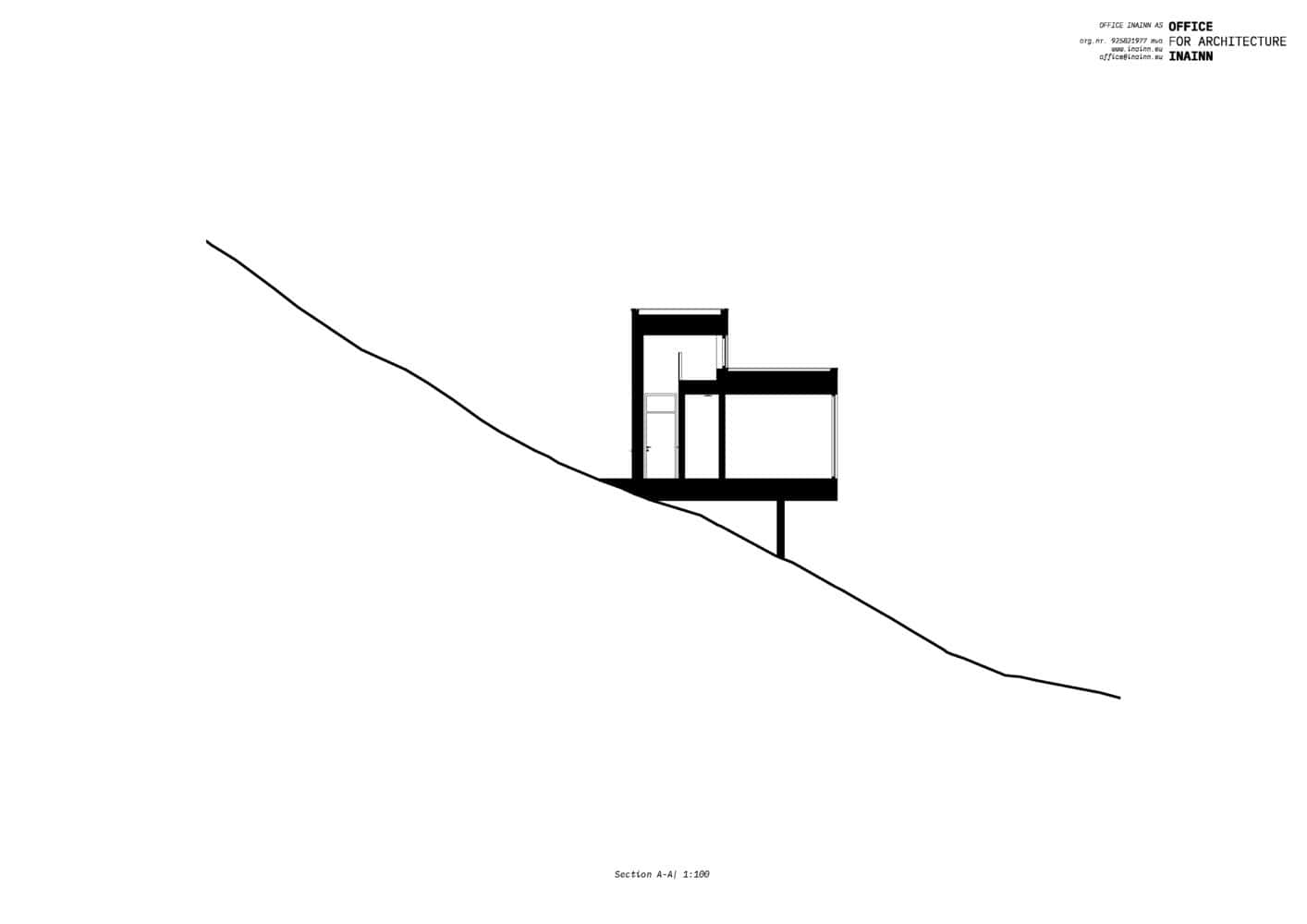 18-07 Holiday Home Section by OFFICE INAINN Minimalist modern house section on sloped terrain, showcasing architectural design and structure, with black-and-white drawing emphasizing building details and hillside integration.