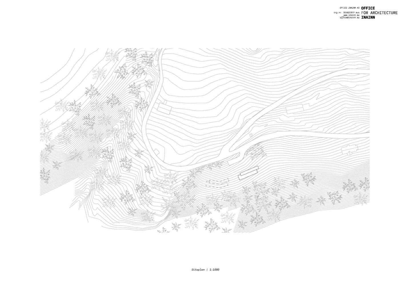 18-07 Holiday Home Site Plan by OFFICE INAINN Contemporary architecture site plan showcasing modern design on a hilly terrain with contour lines and landscape elements.