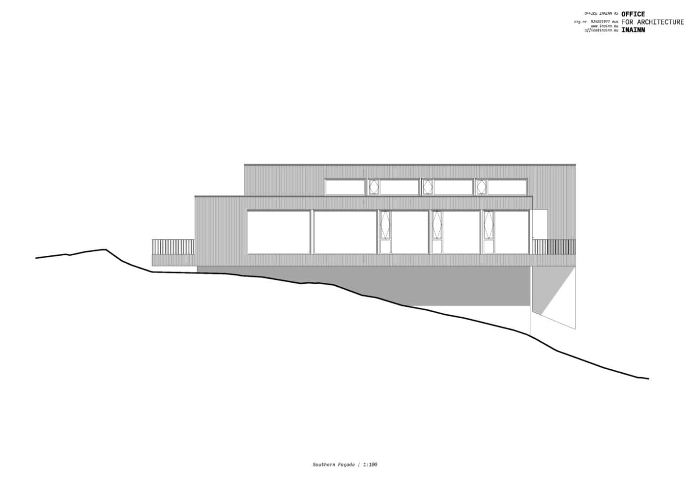 18-07 Holiday Home Southern Facade by OFFICE INAINN Modern minimalist house architectural elevation on sloped terrain, showcasing contemporary design with clean lines, large windows, and sleek exterior siding for architecture art designs.