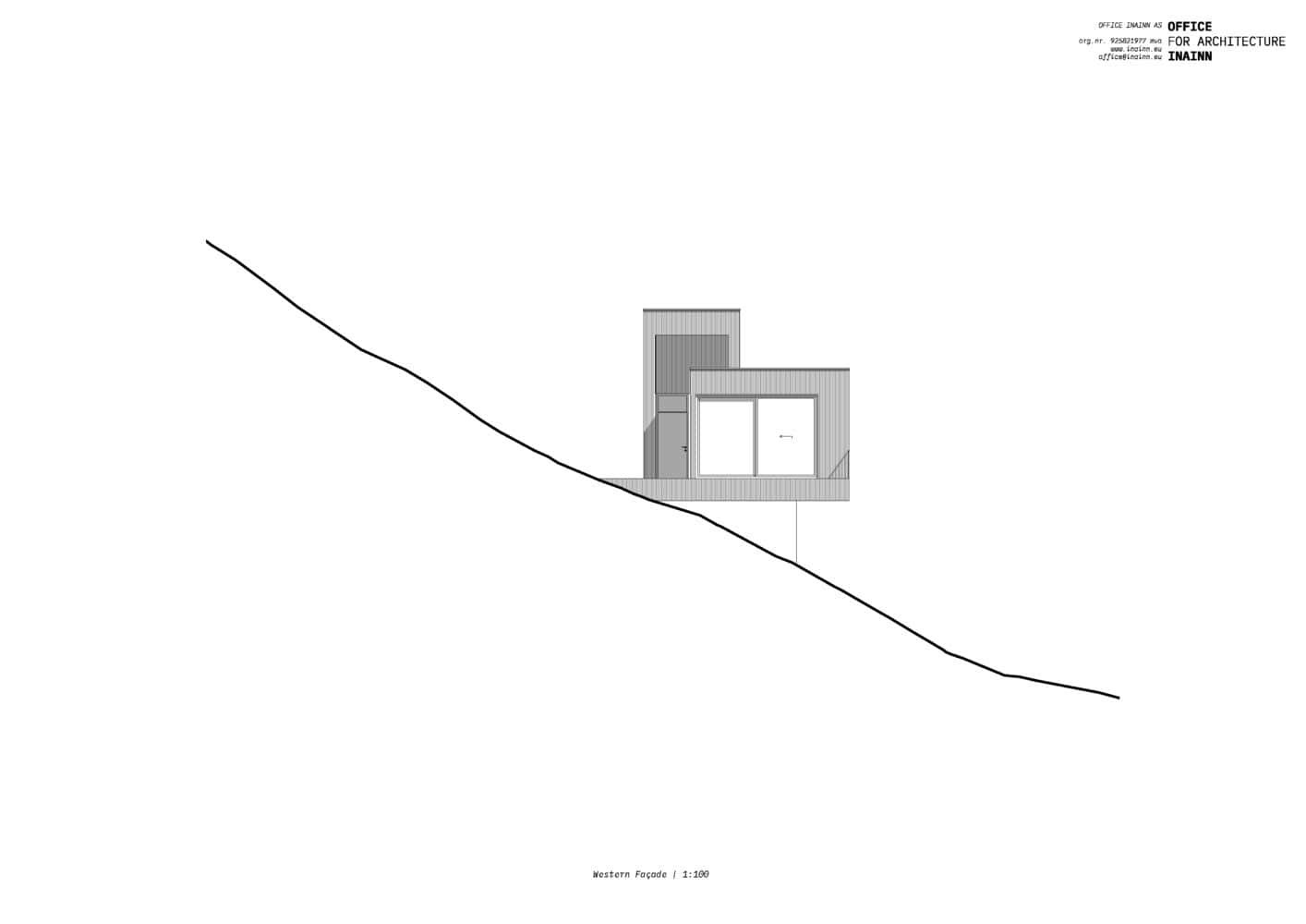 18-07 Holiday Home Western Facade by OFFICE INAINN Contemporary modern house design on sloped terrain, featuring minimalist architecture with clean lines and large glass windows, emphasizing innovative residential architecture and landscape integration.