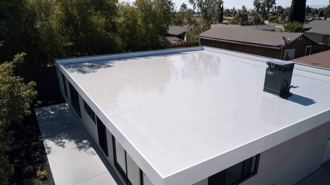 Modern flat roof with white TPO membrane—durable, waterproof roofing system ideal for contemporary architecture