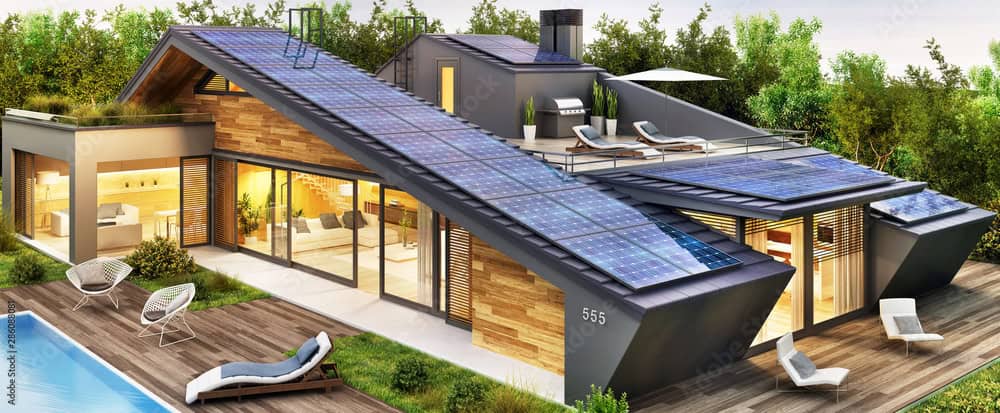 Modern home with integrated solar roof tiles—sleek photovoltaic roofing for sustainable energy efficiency