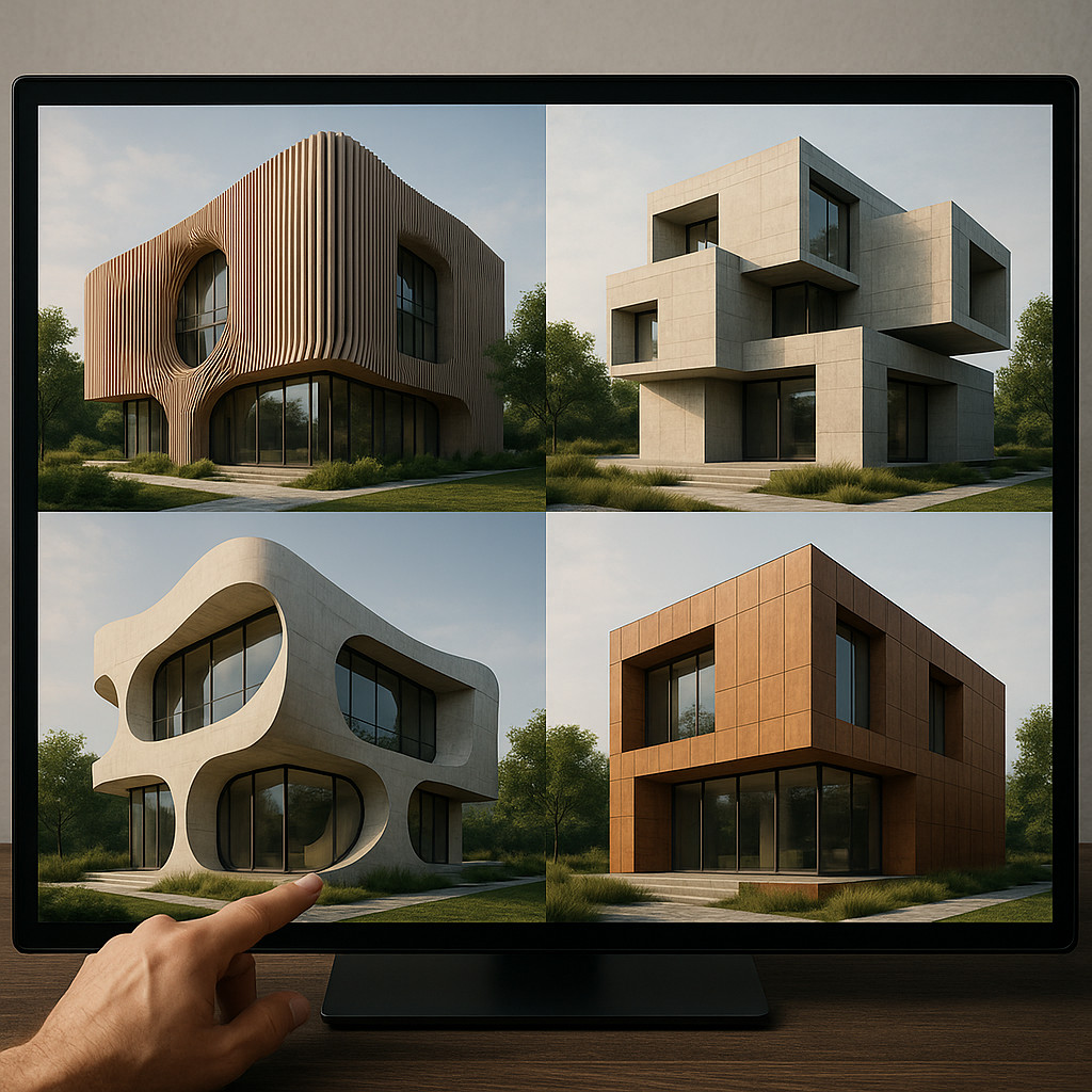 Multiple AI-generated architectural designs showcasing varied materiality and form