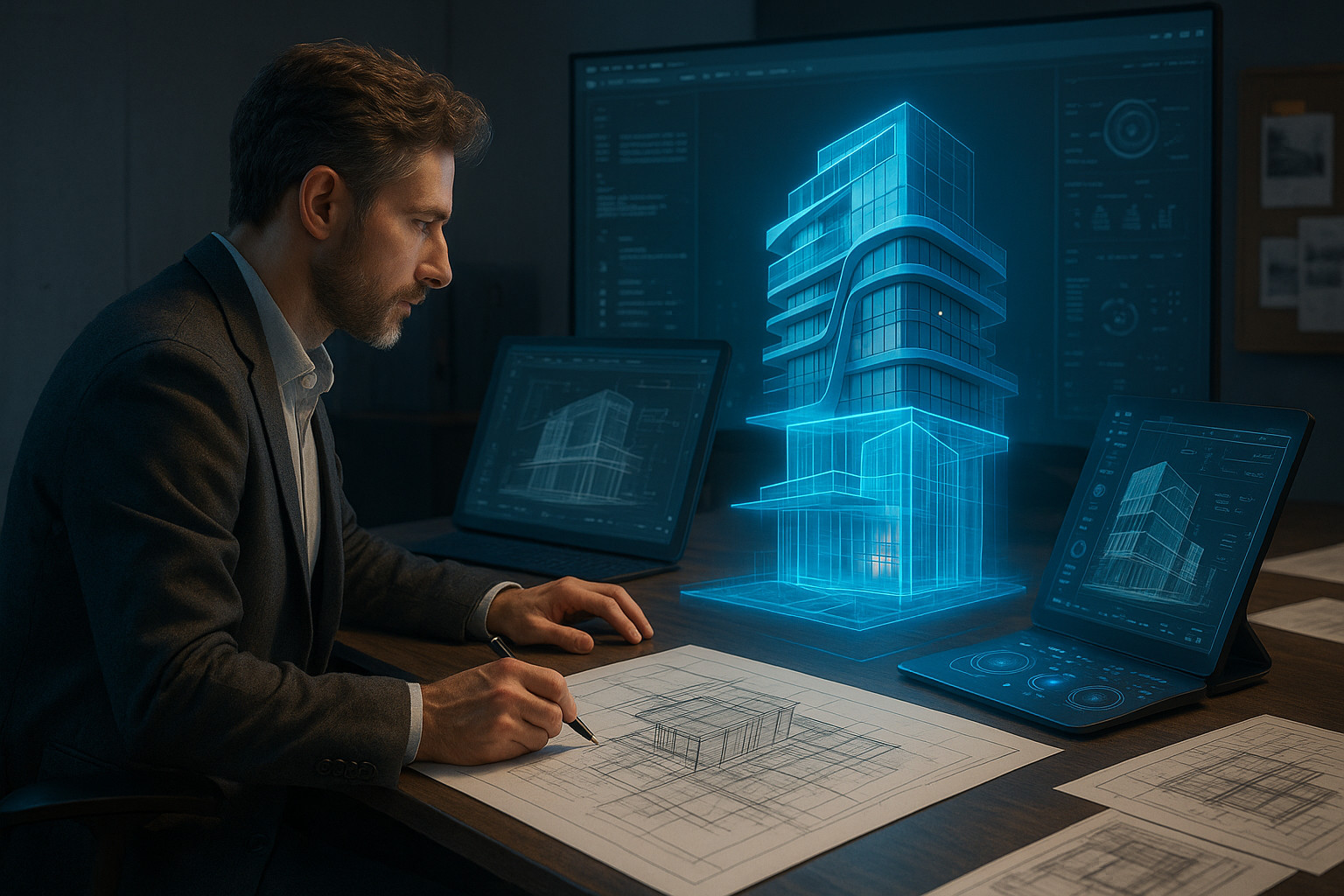 Architect using AI-driven tools with holographic building models and digital blueprints