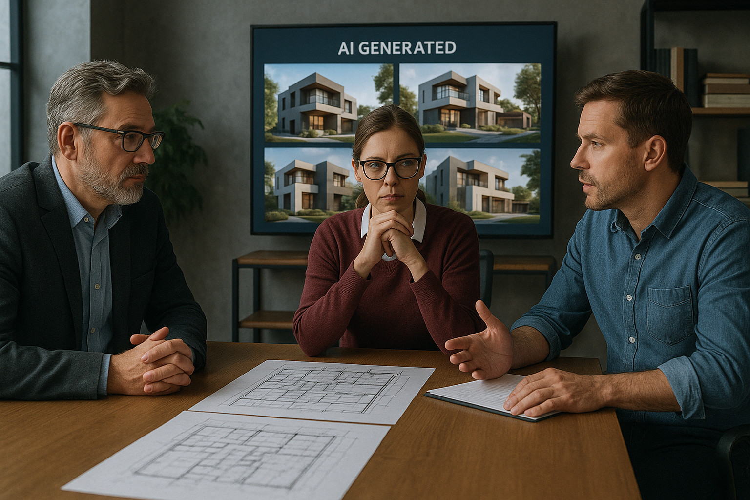 Architects evaluating AI-generated architectural designs and discussing ethics