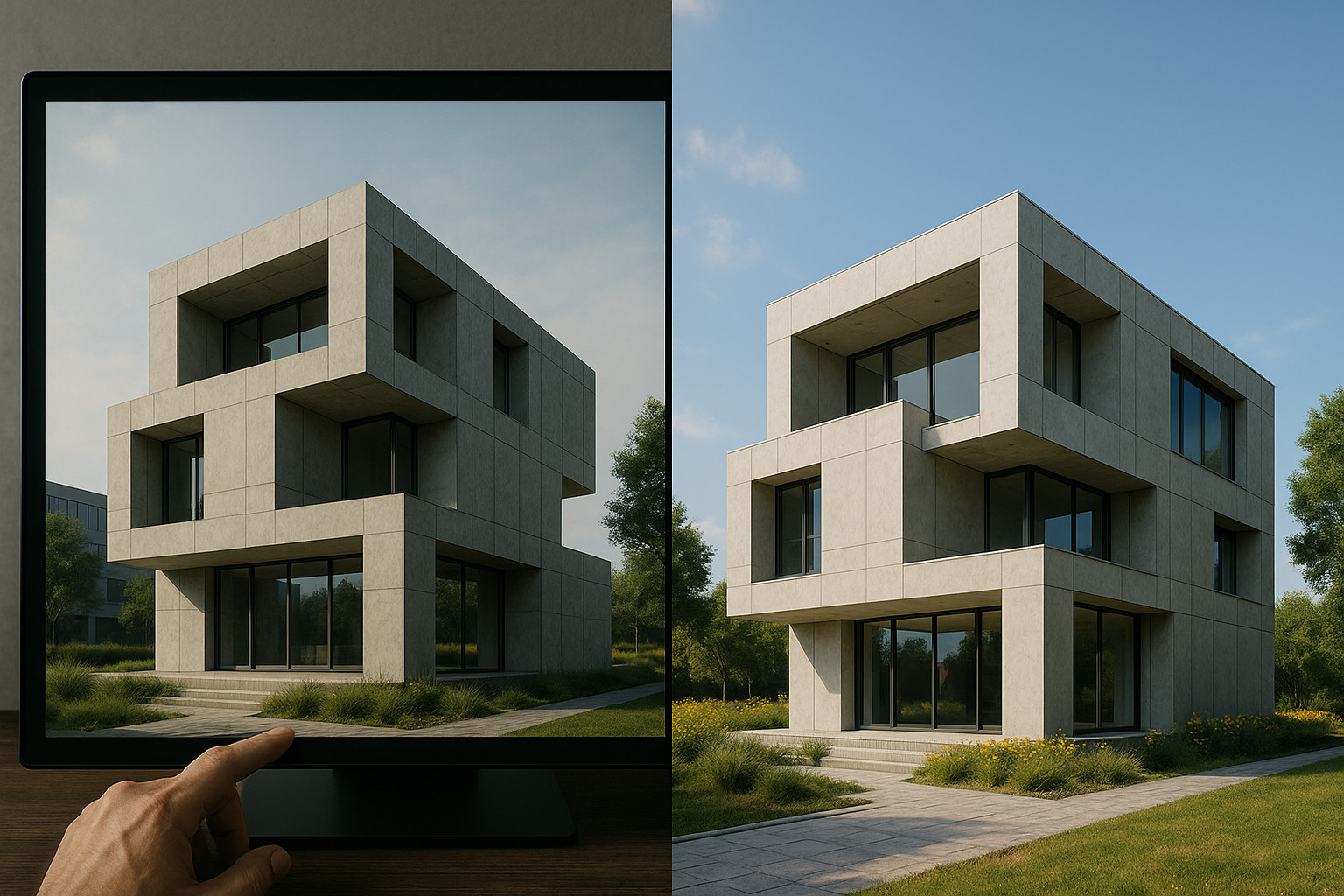 AI-generated concept image alongside completed architectural project