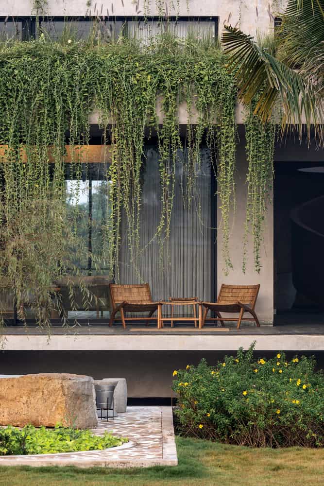 Antriya House Balcony Green Curtain by 23 Degrees Design Shift Antriya House by 23 Degrees Design Shift — balcony shaded by a green curtain of vines, Hyderabad, India