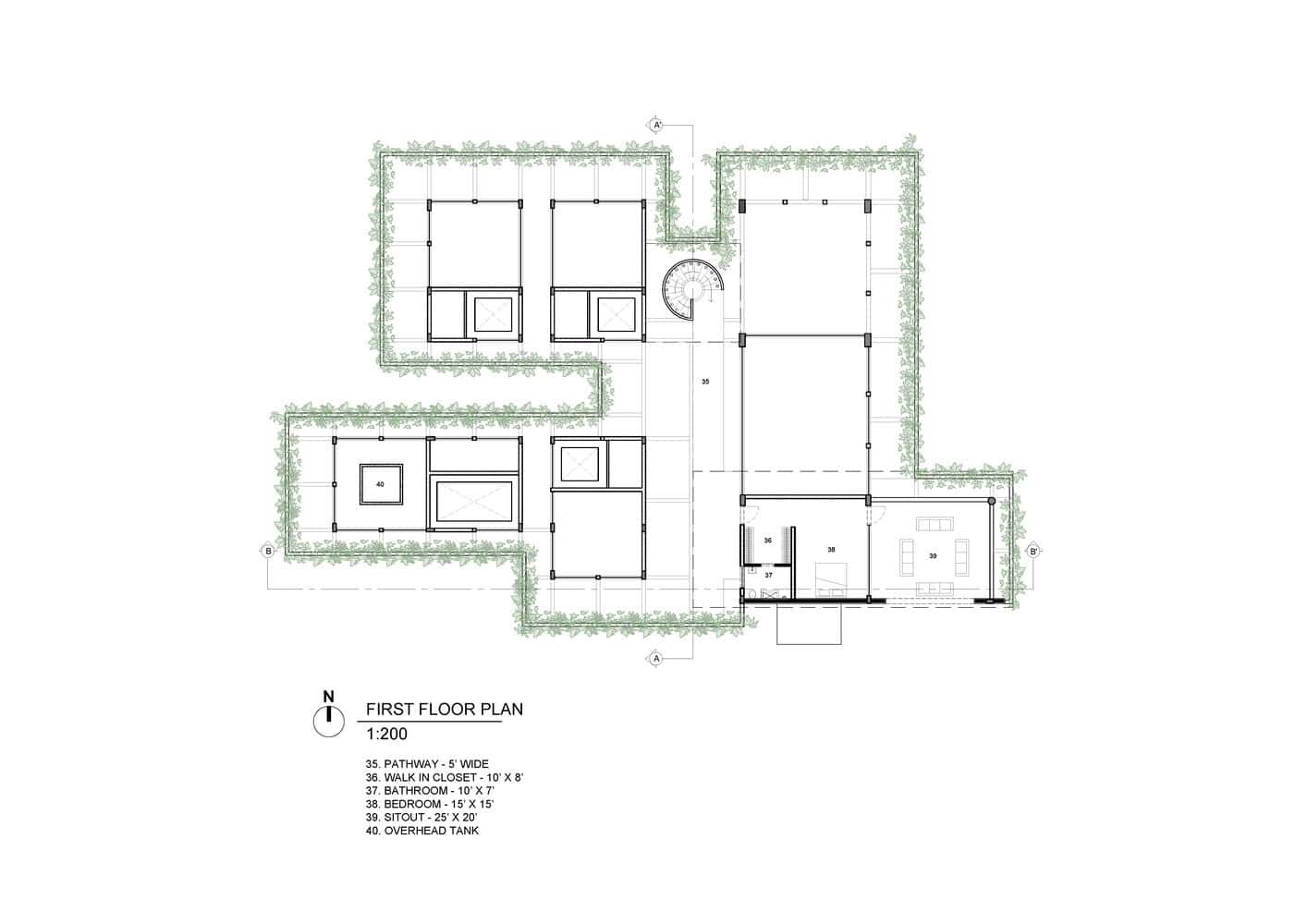 First Floor Plan – Antriya House by 23 Degrees Design Shift First floor plan of Antriya House by 23 Degrees Design Shift, featuring bedrooms, walk-in closets, and rooftop greenery.