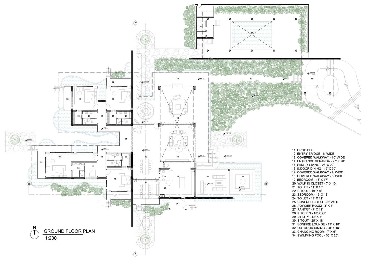 Ground Floor Plan – Antriya House by 23 Degrees Design Shift Ground floor plan of Antriya House by 23 Degrees Design Shift showing living, dining, bedrooms, verandas, and pool layout.