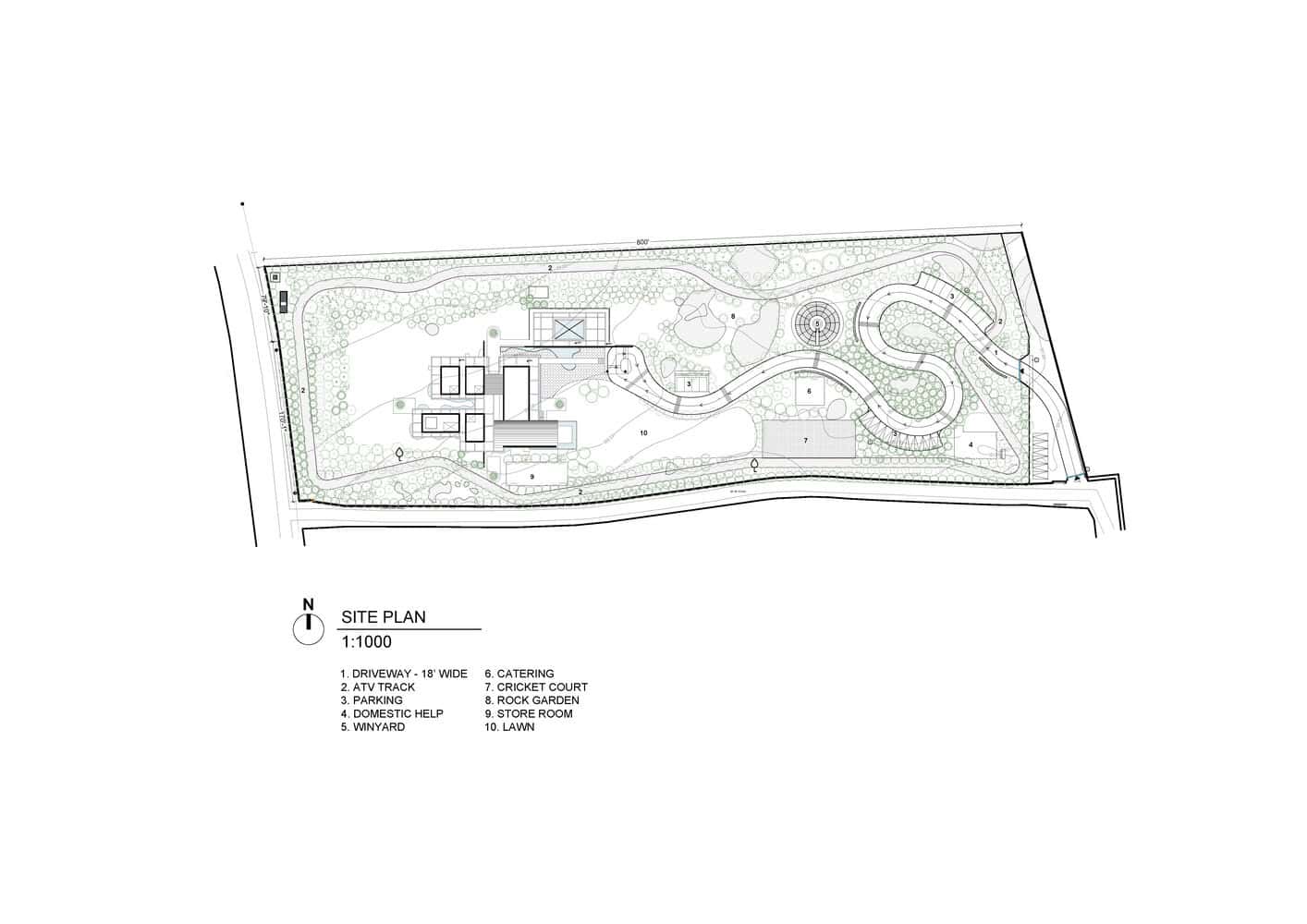 Site Plan – Antriya House by 23 Degrees Design Shift Architectural site plan of Antriya House by 23 Degrees Design Shift in Hyderabad, India, showing driveway, lawn, cricket court, and vineyard layout.