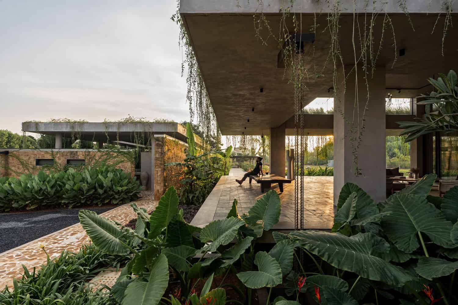 Antriya House Tropical Veranda at Sunset by 23 Degrees Design Shift Contemporary modern house with open porch, lush tropical garden, and minimalist architecture featuring concrete pillars and hanging plants, set against a serene outdoor landscape.