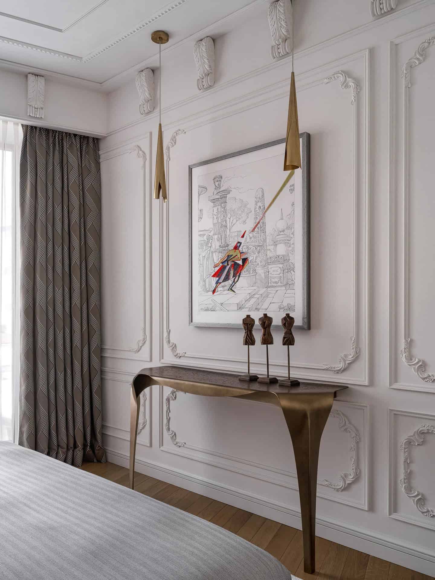 Apartment with a Parisian Mood for Collectors Console Pendants Detail by AABA Architects Sculptural console and pendant lights with ornate wall molding — AABA Architects, Moscow