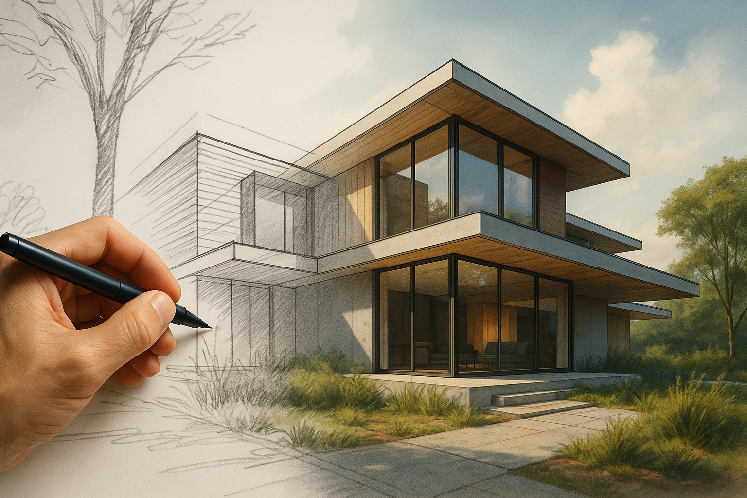 Architectural sketch blending with AI-rendered visualization, symbolizing human-AI fusion