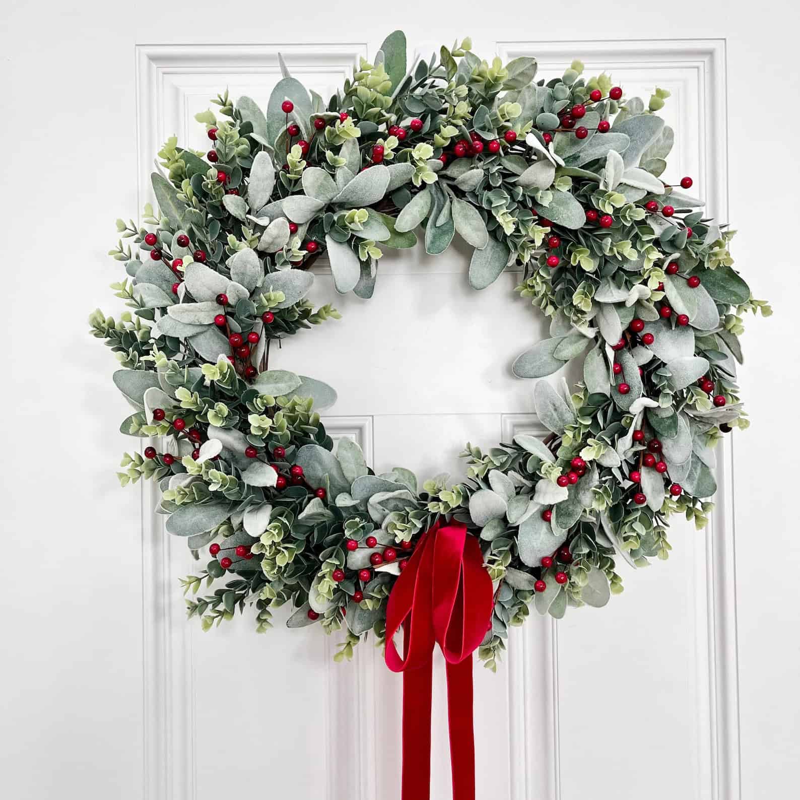 Soft Lambs Ear Wreath with Red Berries and Velvet Ribbon — classic berry Christmas wreath