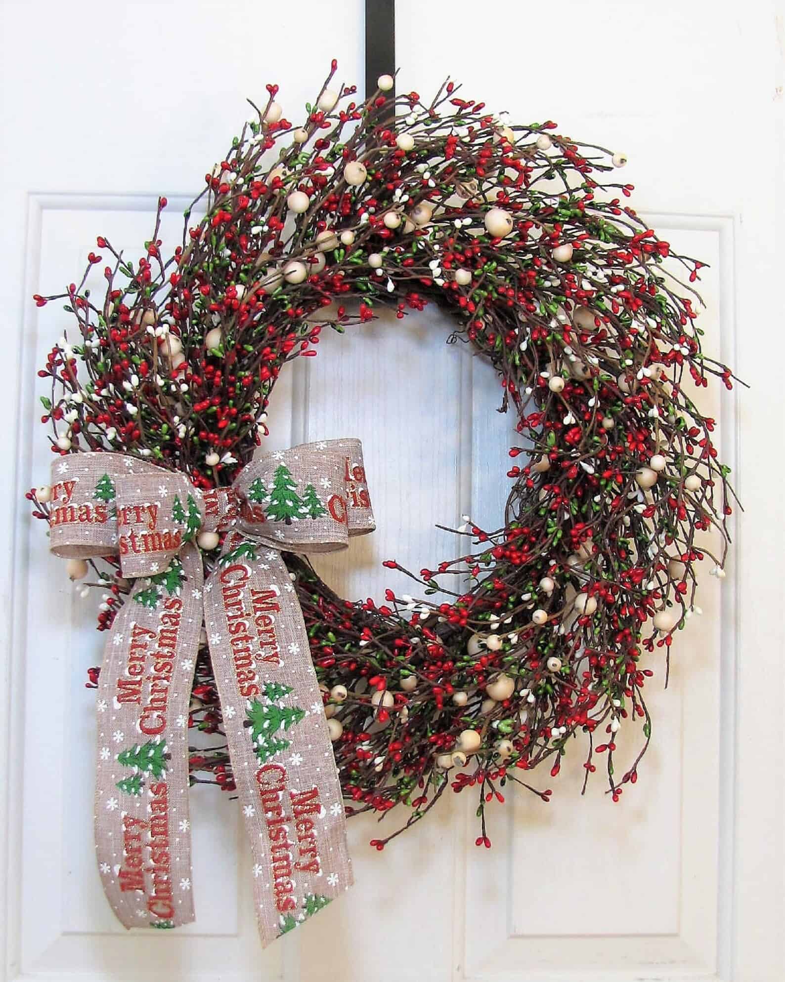Pip Berry Wreath with Merry Christmas Bow — classic berry Christmas wreath