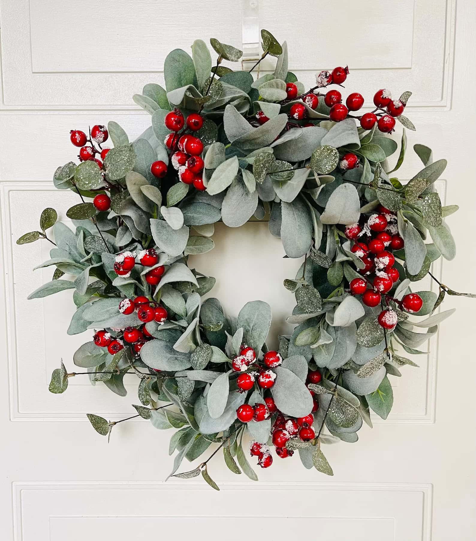 Snow-Kissed Eucalyptus and Red Berry Wreath — classic berry Christmas wreath