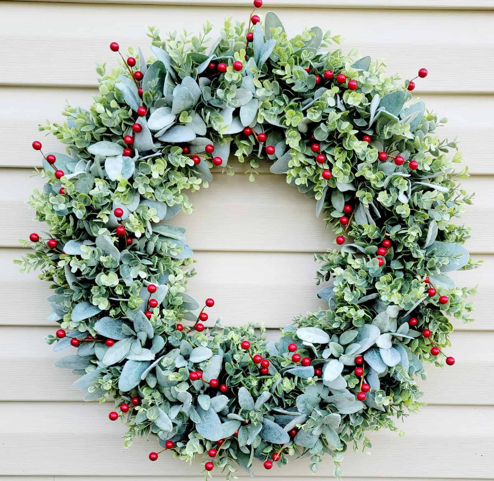 Boxwood and Lambs Ear Red Berry Door Wreath — classic berry Christmas wreath