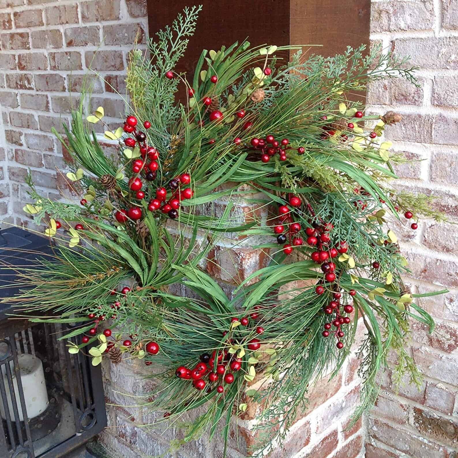 Long Needle Pine Wreath with Red Berries — classic berry Christmas wreath