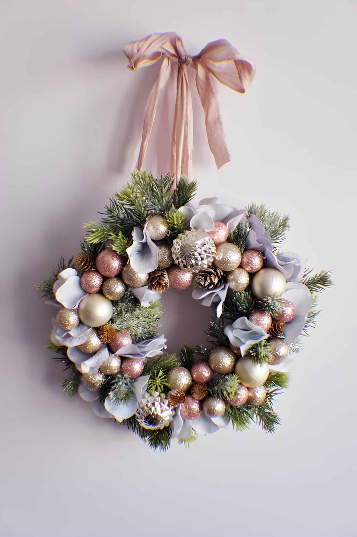 Elegant Christmas wreath decorated with pastel ornaments, pinecones, and holiday foliage, hanging with a pink ribbon for seasonal home decor and festive interior design.
