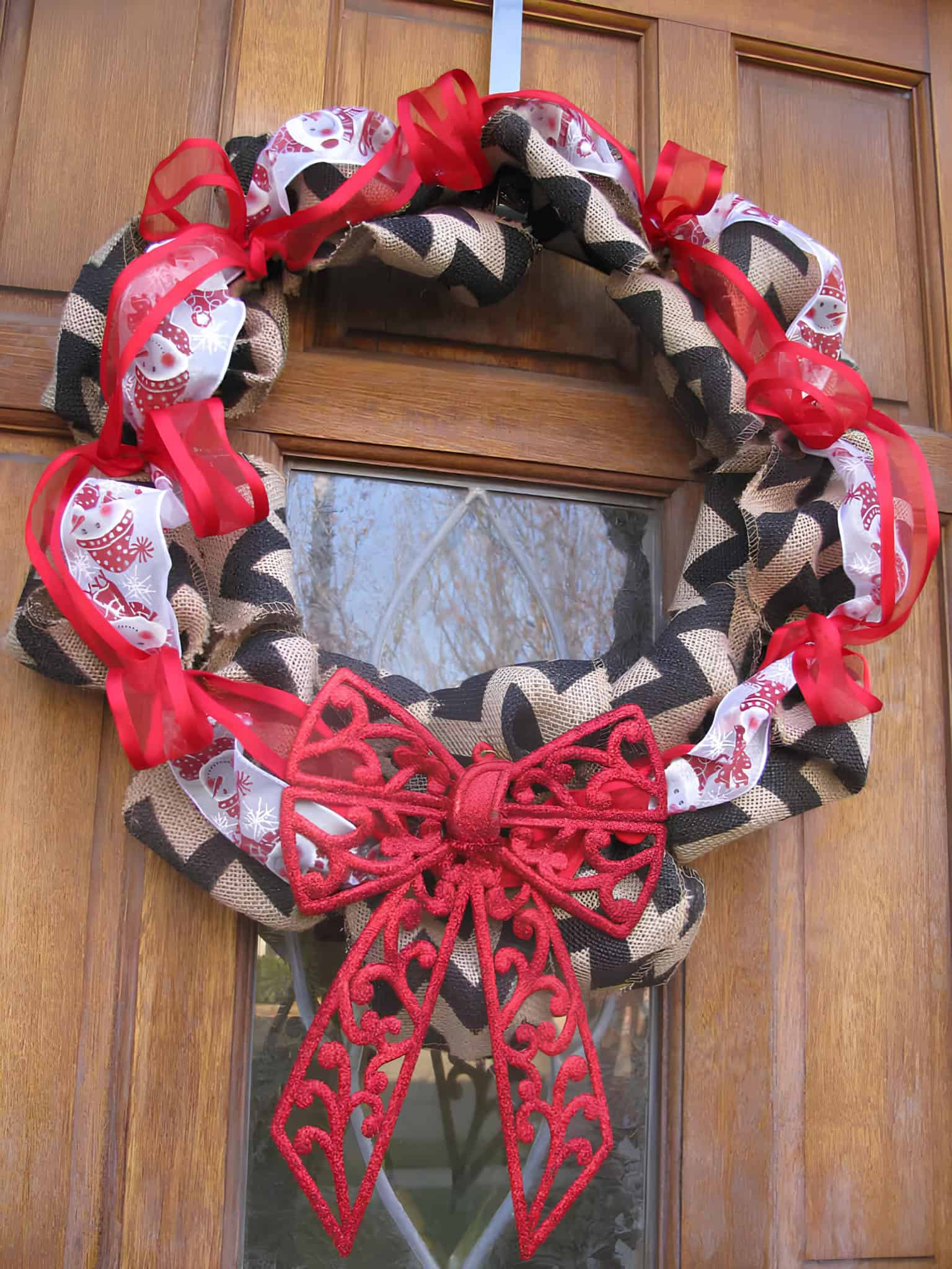 Burlap chevron mesh Christmas wreath with red ribbon and glitter bow