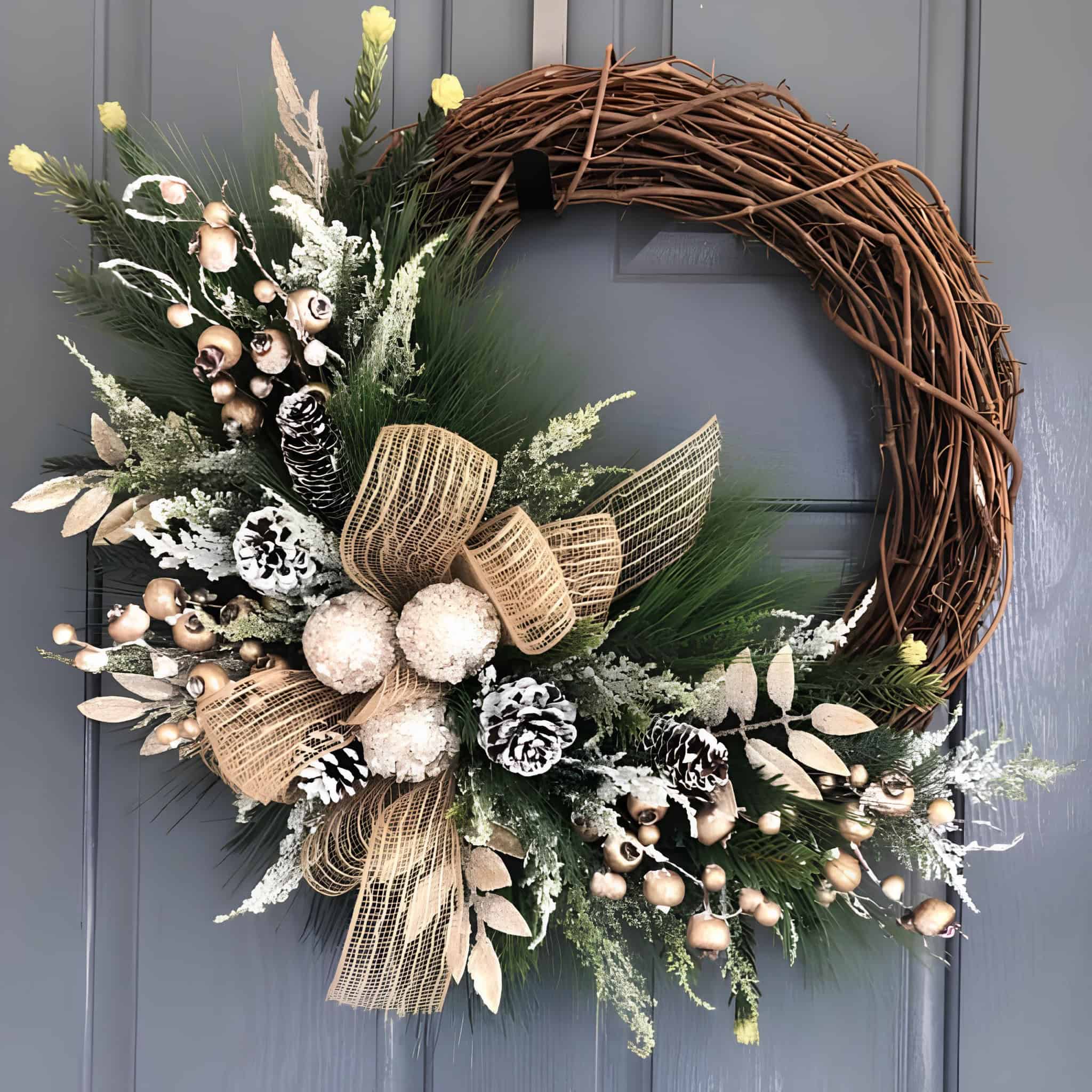 Grapevine wreath with burlap bow, pinecones, frosted greens and metallic gold accents