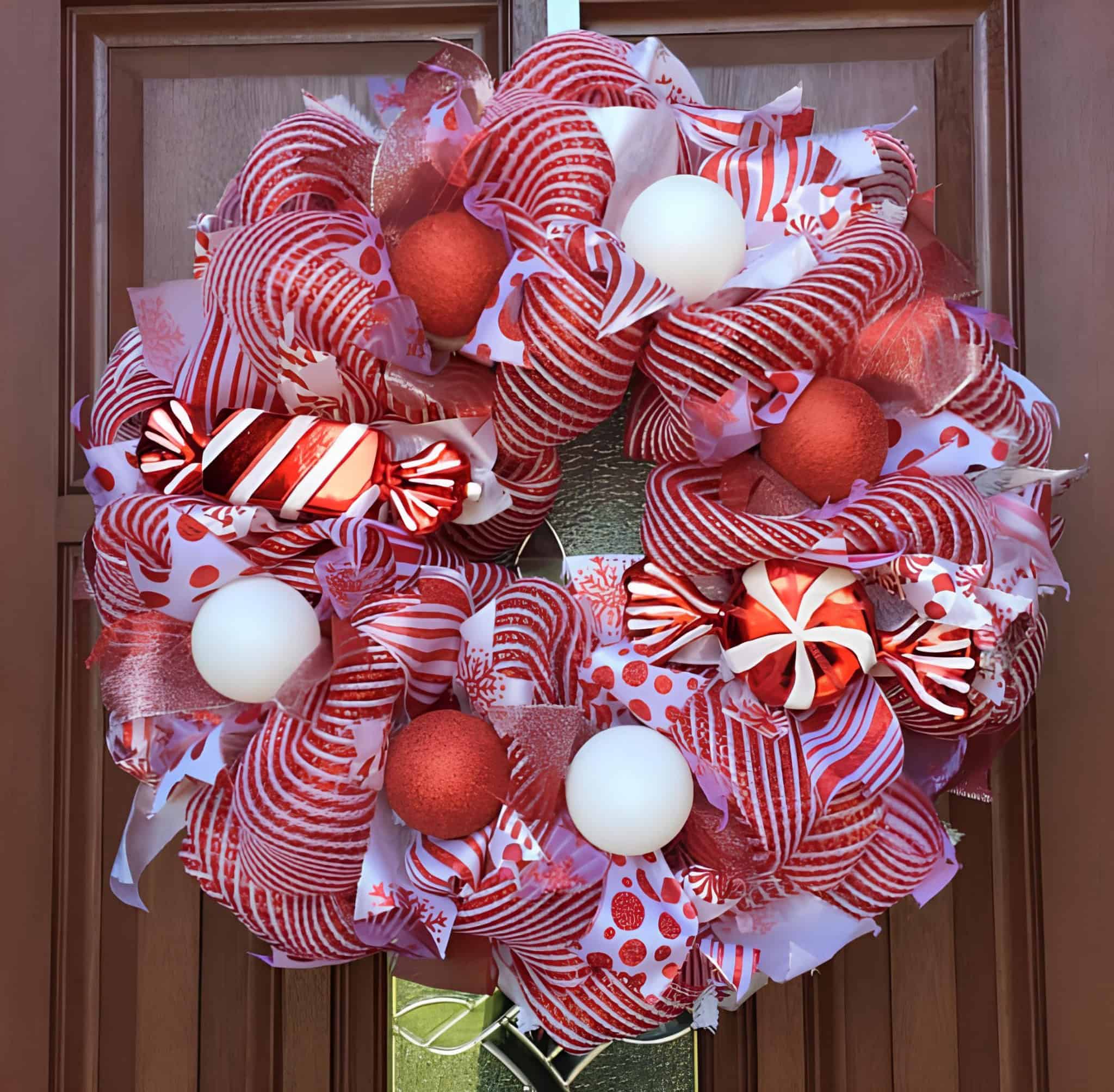 Red and white candy cane lantern wreath with mesh ribbon and ornaments