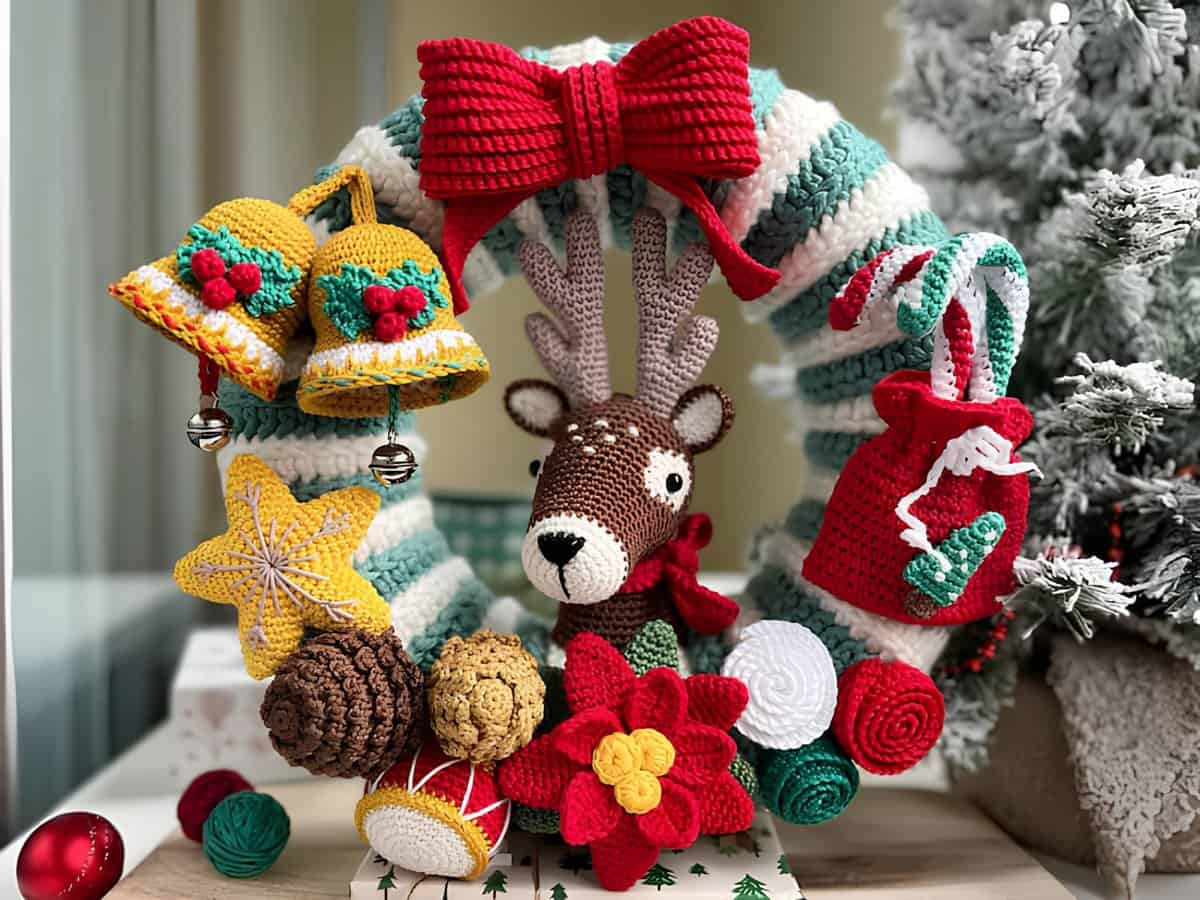 Handmade crochet Christmas wreath with reindeer, bells, and festive accents