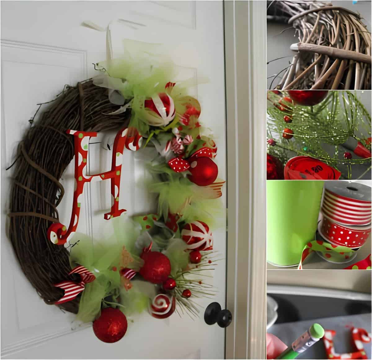 Christmas wreath with red ornaments, greenery, ribbon, and a holiday monogram letter H