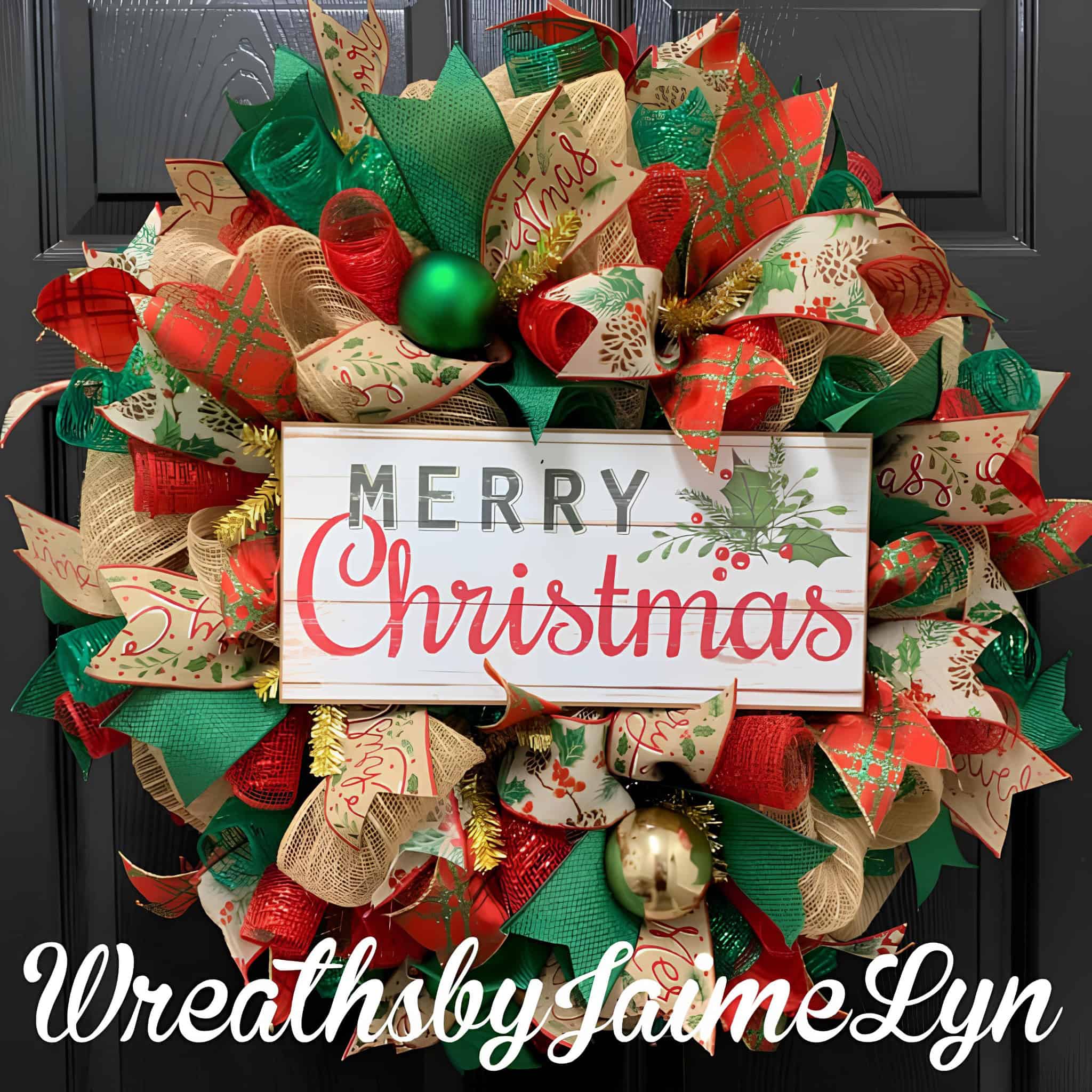 Elegant burlap and ribbon wreath with a Merry Christmas sign in red and gold tones