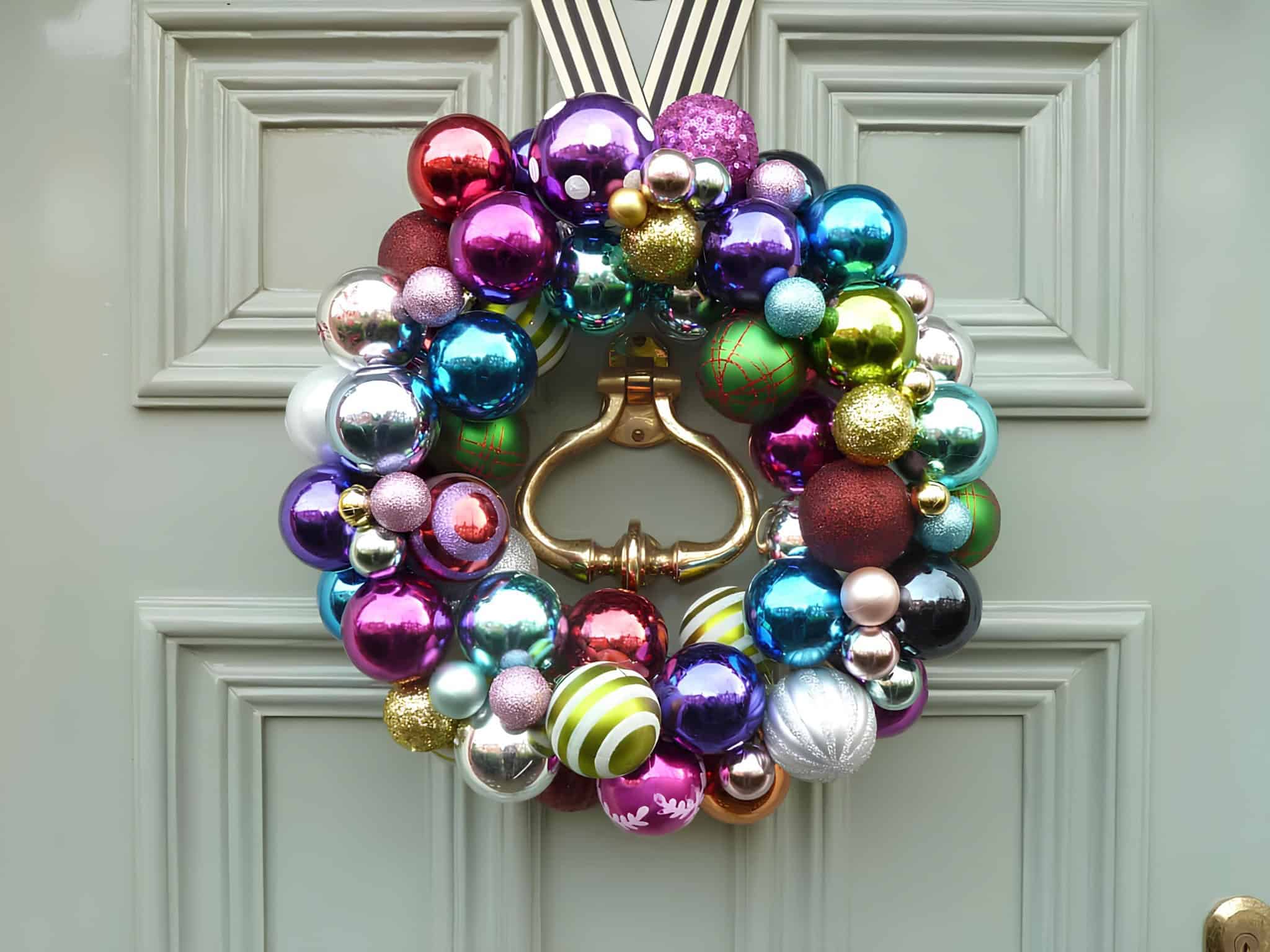 Colorful ornament wreath with bright metallic baubles