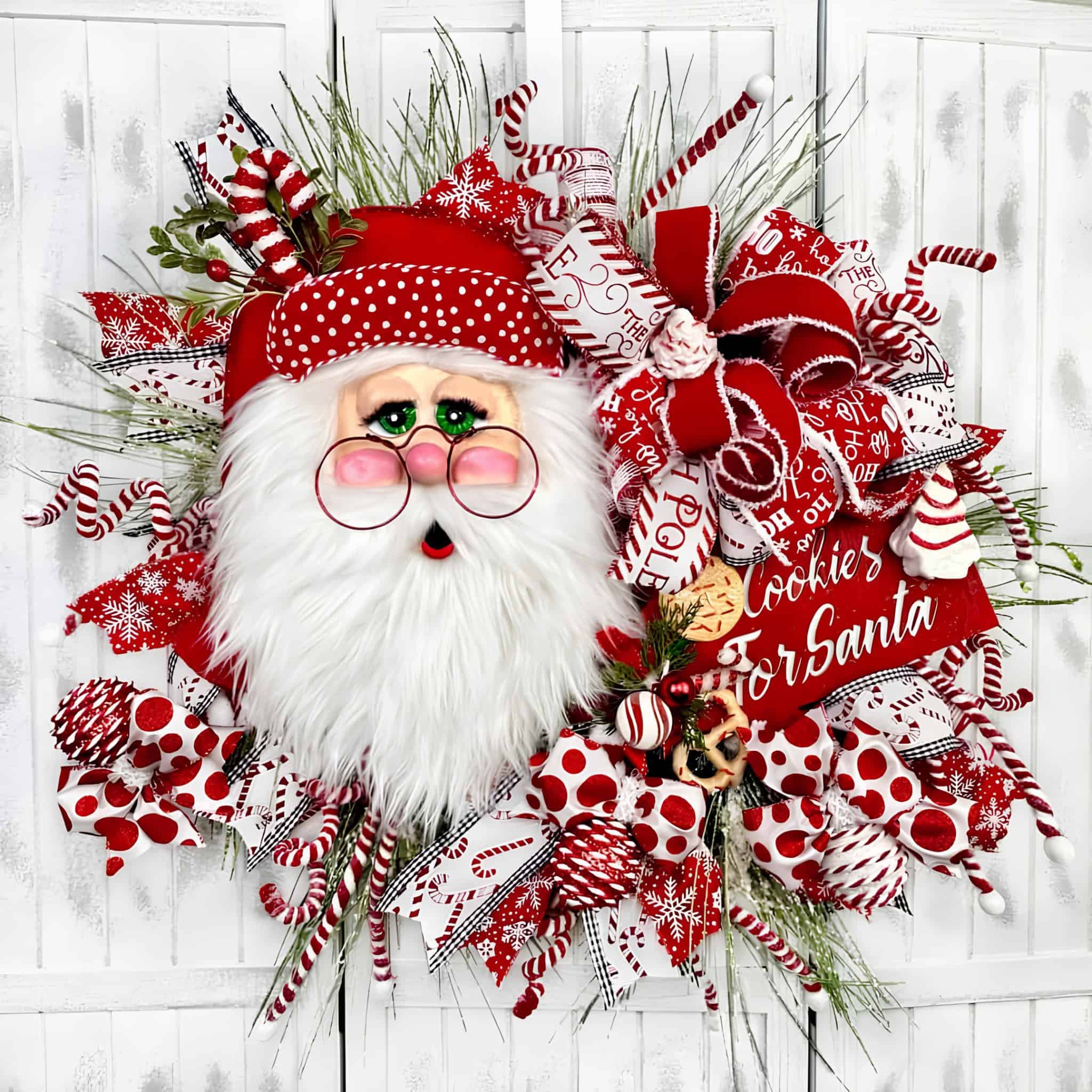 Playful Santa wreath with candy ribbons and Cookies for Santa sign